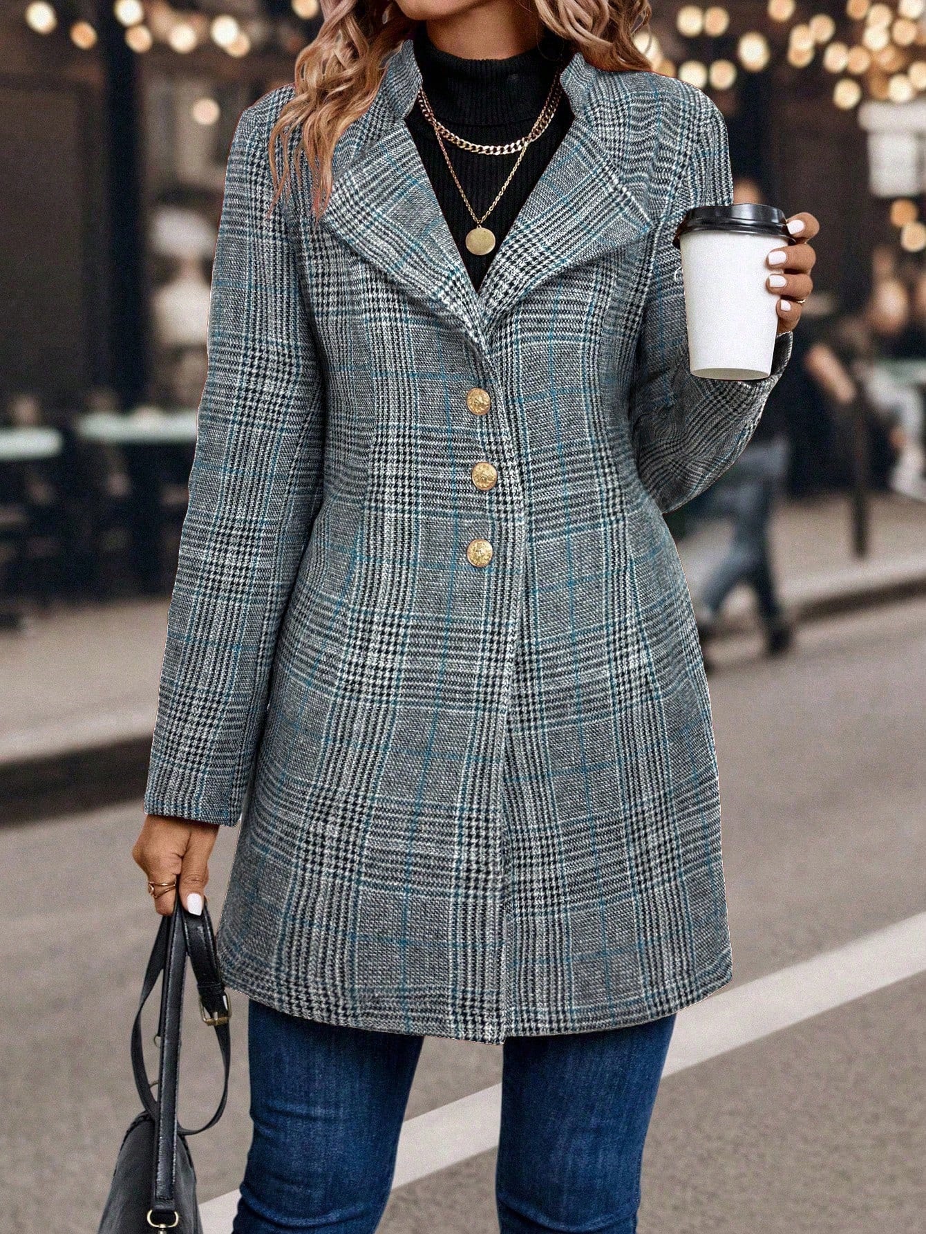 Clasi Women Plaid Printed Lapel Mid-Length Overcoat, Autumn/Winter