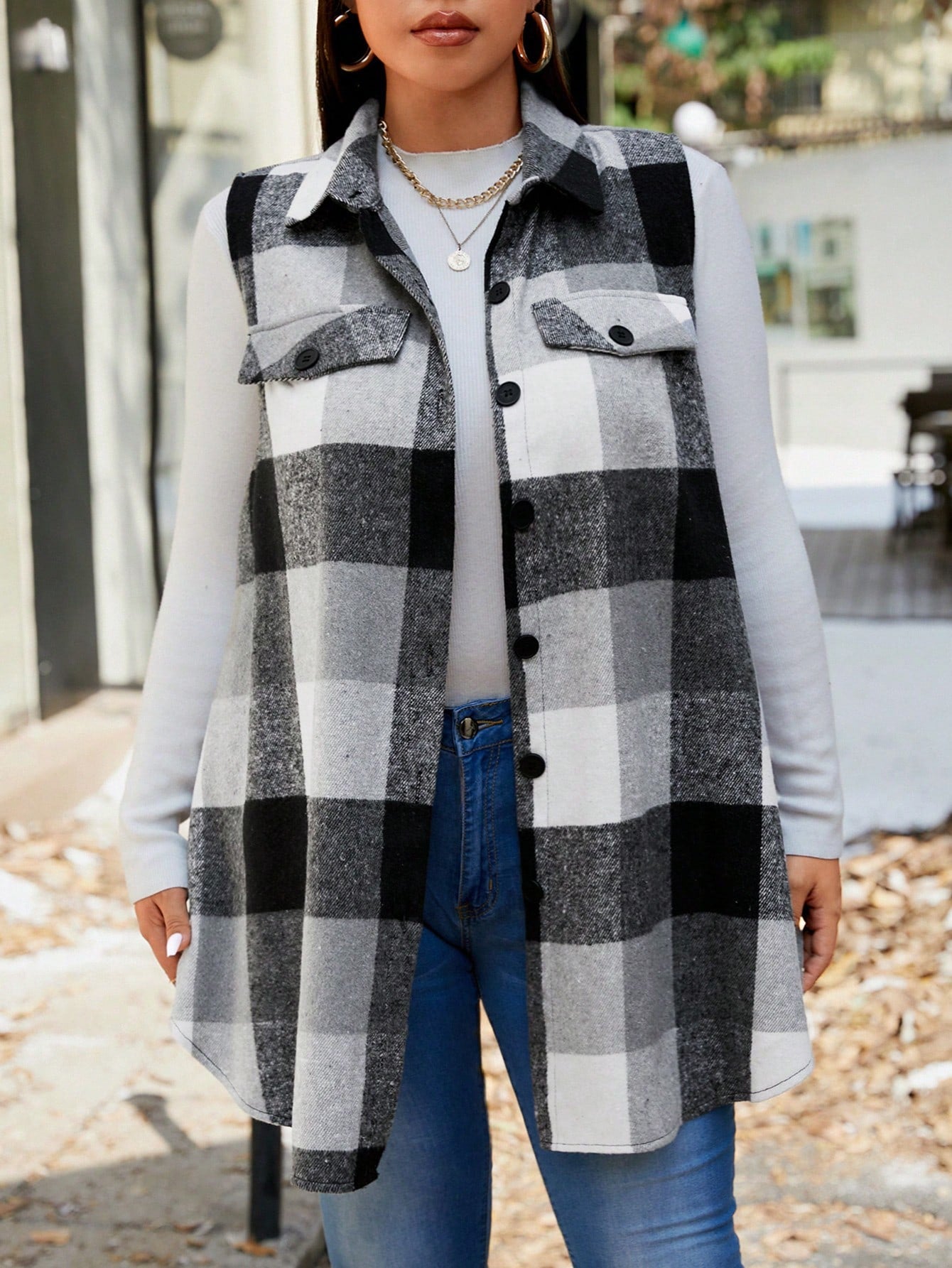 Plus Size Casual Plaid Sleeveless Jacket, Autumn, For Winter