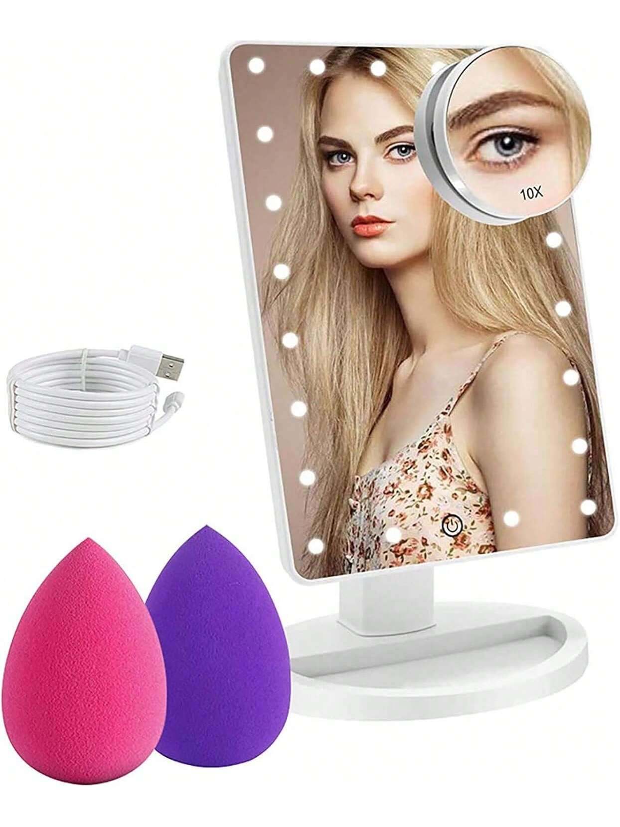 FASCINATE 21 LED Light Up Mirror With Touch Sensor Dimming, Lighted Makeup Vanity Mirror With 10X Magnifying Mirror And Makeup Sponge, 180°Free Rotation, Dual Power Supply, Portable Cosmetic Mirror, Girls Woman Gifts, Christmas