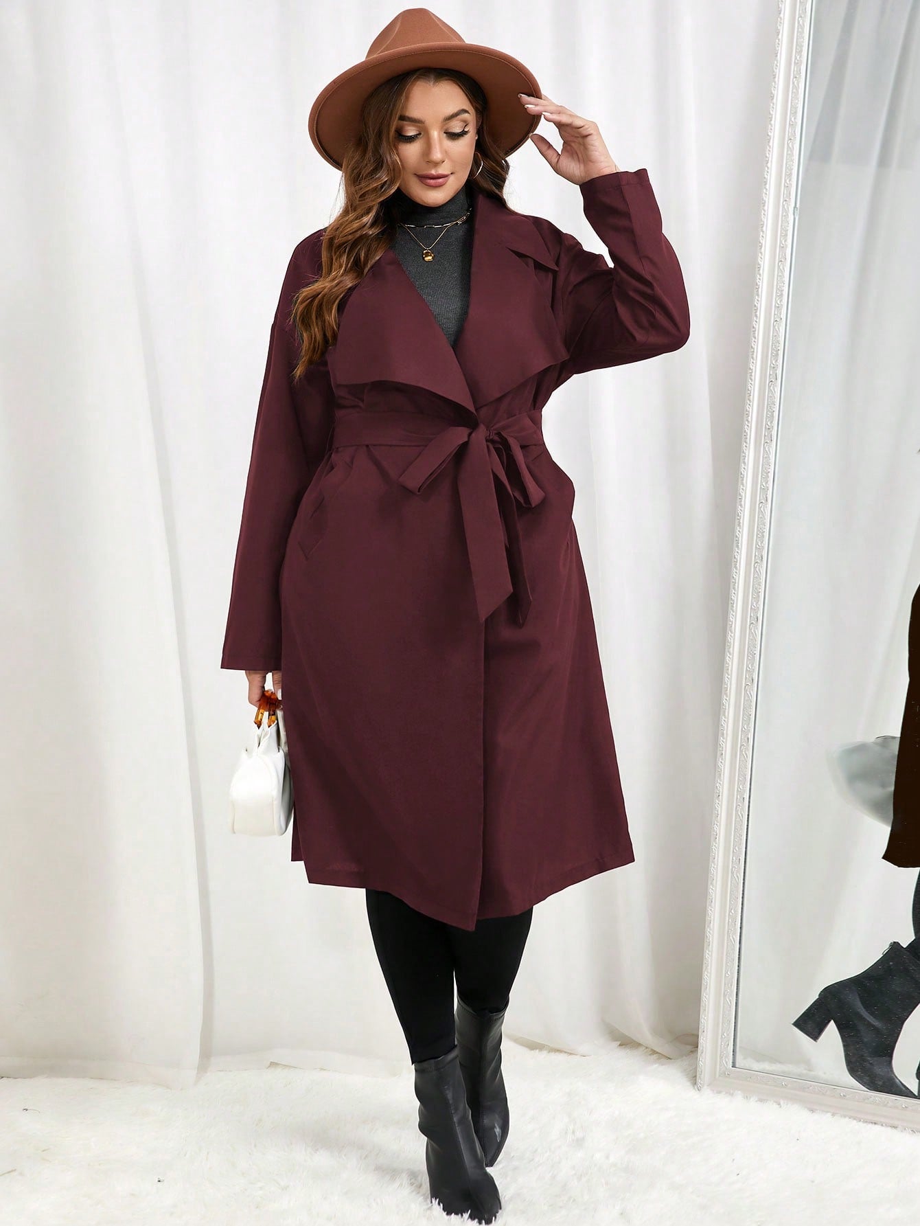 Essnce Plus Size Women's Lapel Pocket Open Front Trench Coat