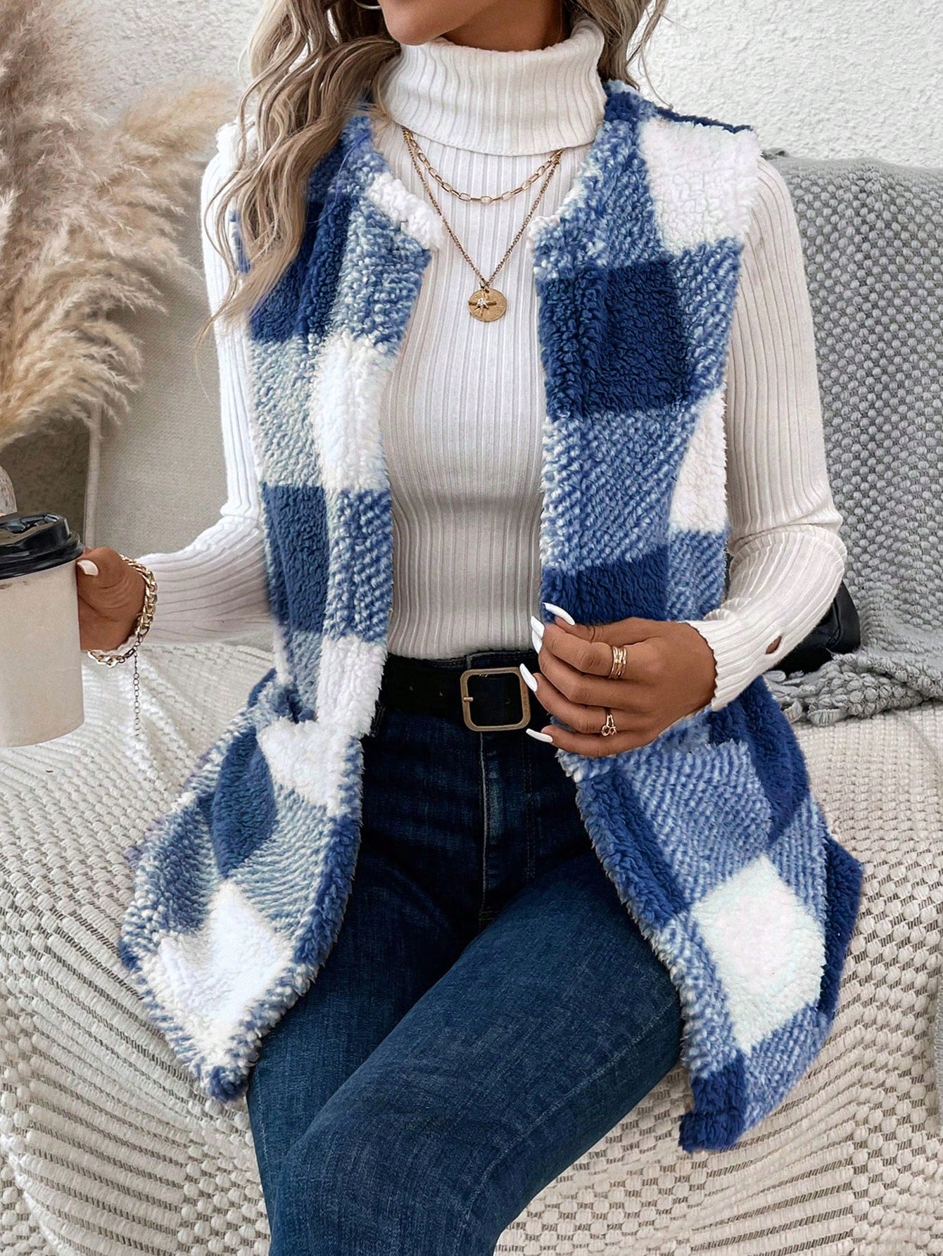 LUNE Buffalo Plaid Print Open Front Teddy Vest Coat