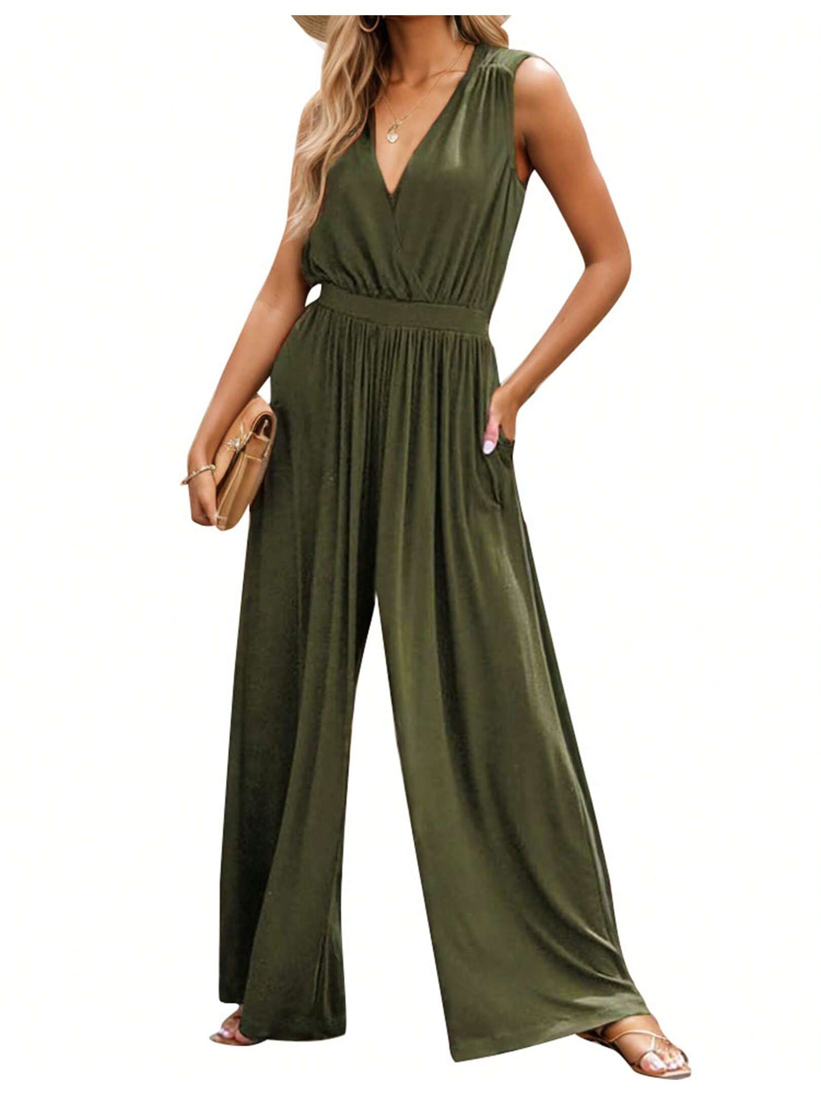 Womens Jumpsuit Cross V Neck Sleeveless One Piece Jumpsuits For Womens Dressy Casual Romper Outfits