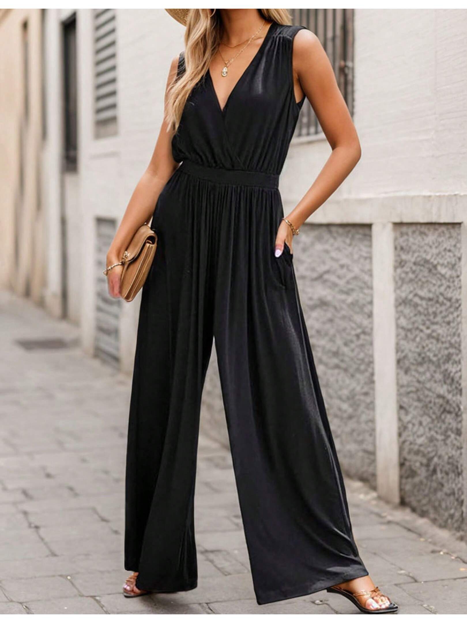 Womens Jumpsuit Cross V Neck Sleeveless One Piece Jumpsuits For Womens Dressy Casual Romper Outfits