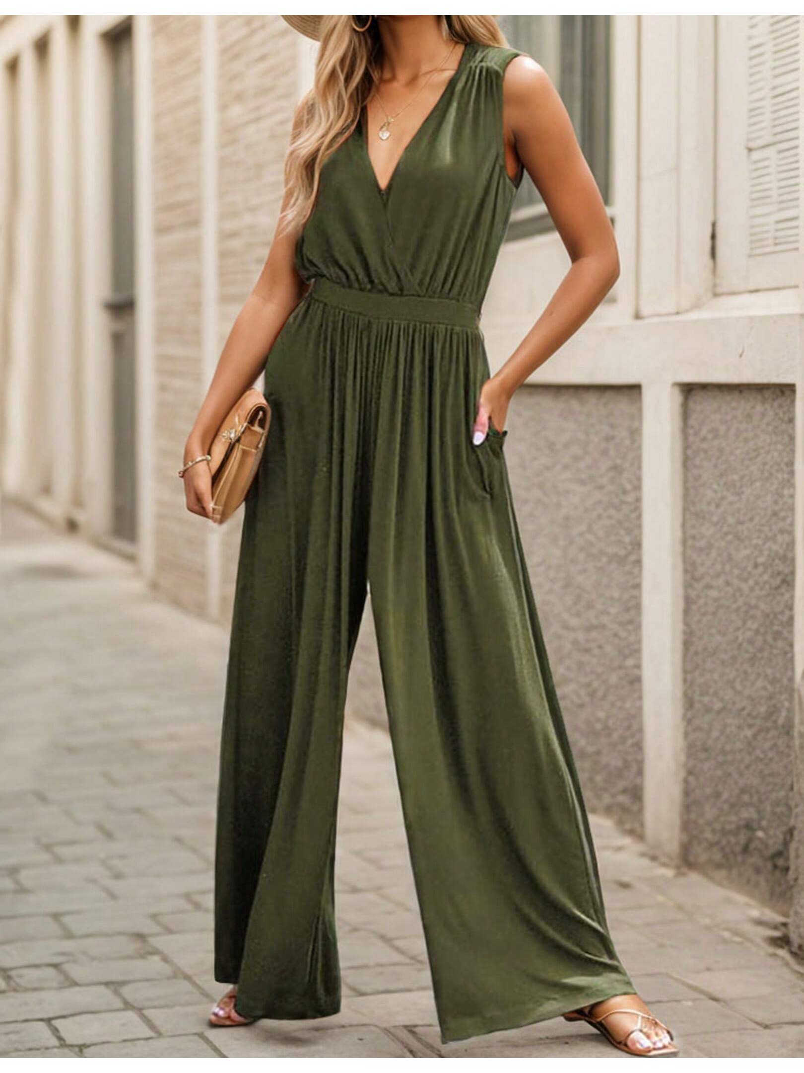 Womens Jumpsuit Cross V Neck Sleeveless One Piece Jumpsuits For Womens Dressy Casual Romper Outfits