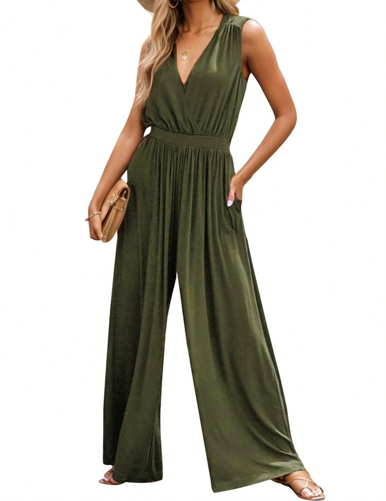 Womens Jumpsuit Cross V Neck Sleeveless One Piece Jumpsuits For Womens Dressy Casual Romper Outfits