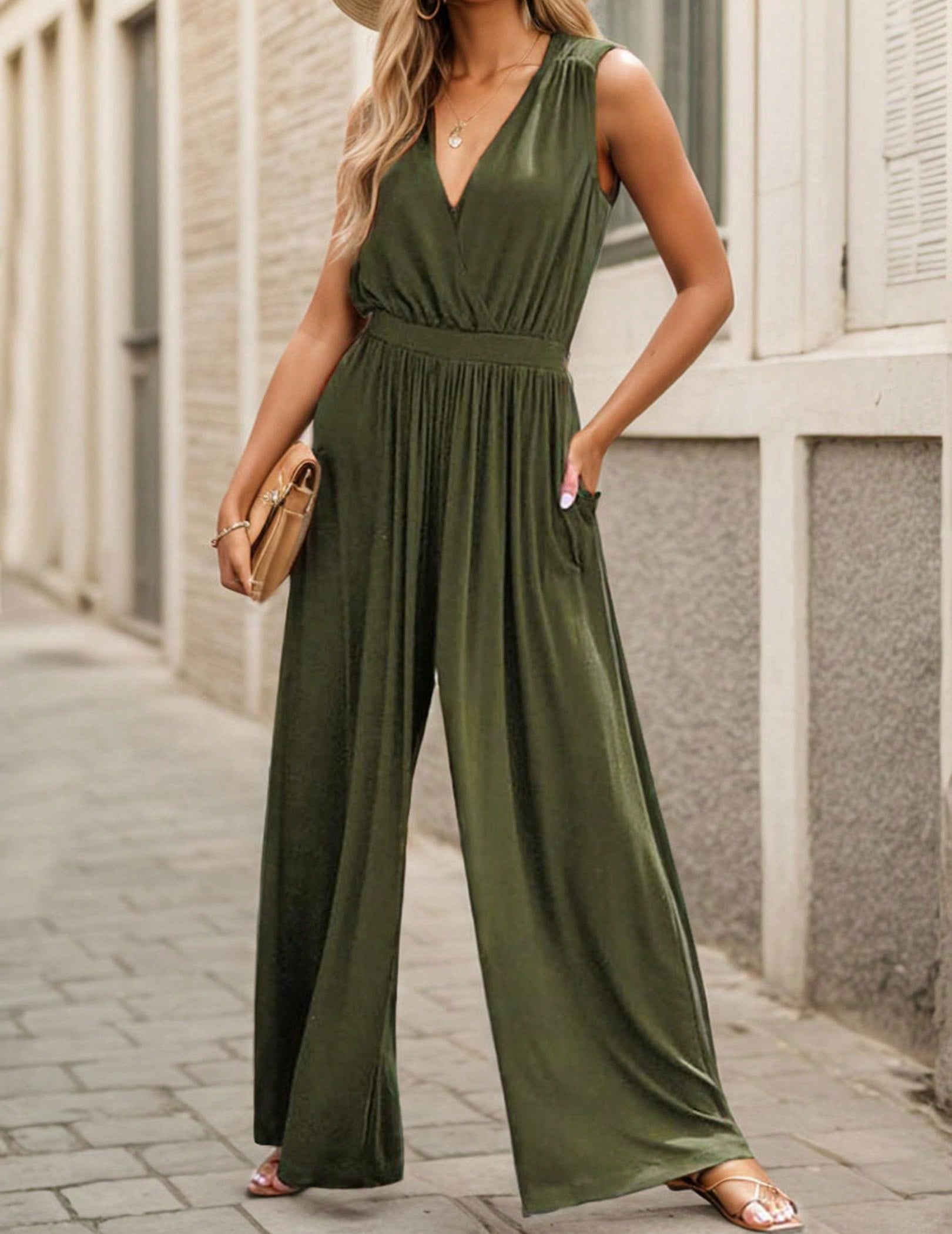 Womens Jumpsuit Cross V Neck Sleeveless One Piece Jumpsuits For Womens Dressy Casual Romper Outfits