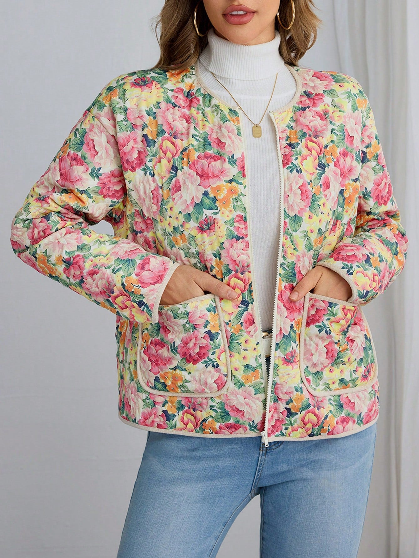 VCAY Women Floral Print Long Sleeve Casual Quilted Padded Coat For Winter