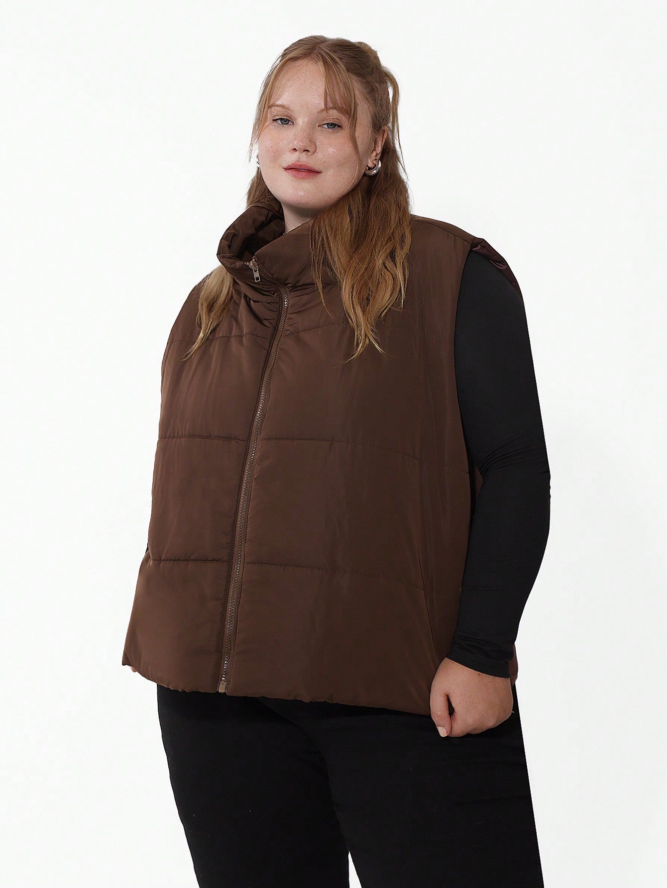 CURVE  Plus Size Zip Up Vest Coat, Casual And Warm For Winter