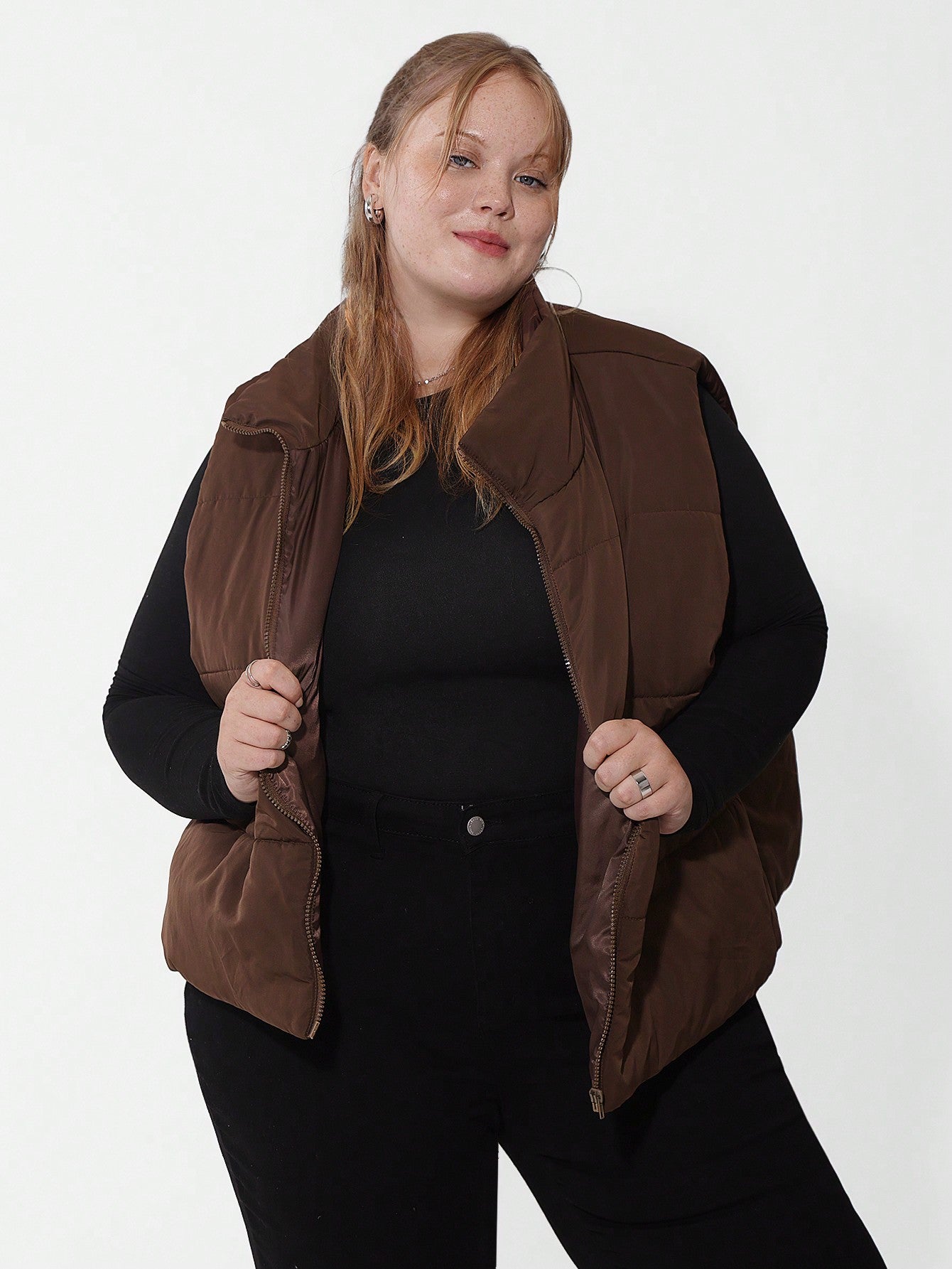 CURVE  Plus Size Zip Up Vest Coat, Casual And Warm For Winter