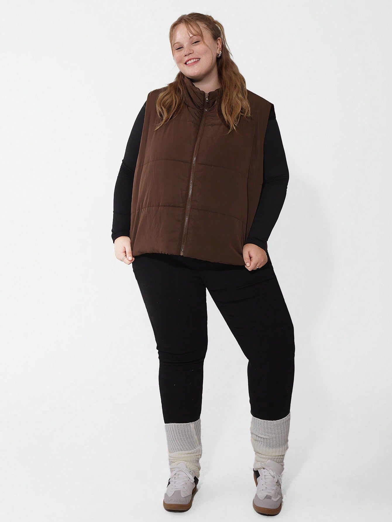 CURVE  Plus Size Zip Up Vest Coat, Casual And Warm For Winter