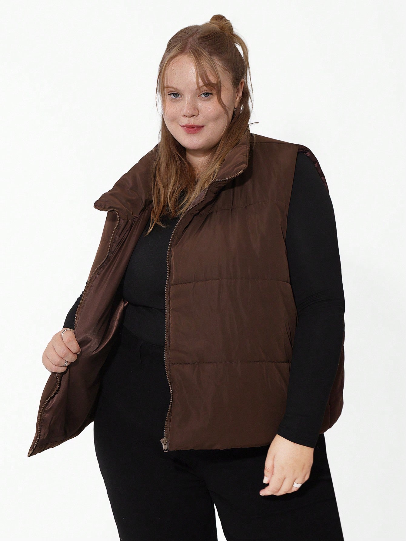 CURVE  Plus Size Zip Up Vest Coat, Casual And Warm For Winter