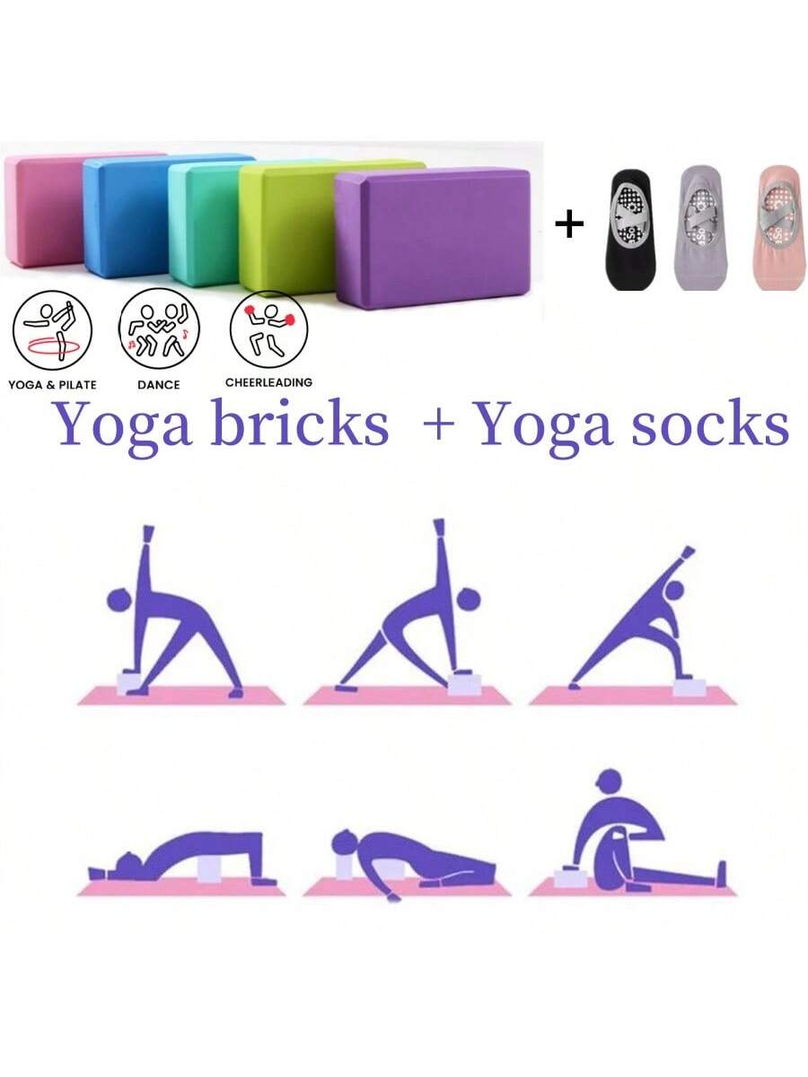 1pc Yoga Foam Brick   1 Pair Random Color High Density Yoga Foam Block, Non-Slip Supportive Fitness EVA Yoga Brick, And 1 Pair Non-Slip Silicone Breathable Yoga Socks For Women, Pilates, Dance, Fitness, Yoga Accessories