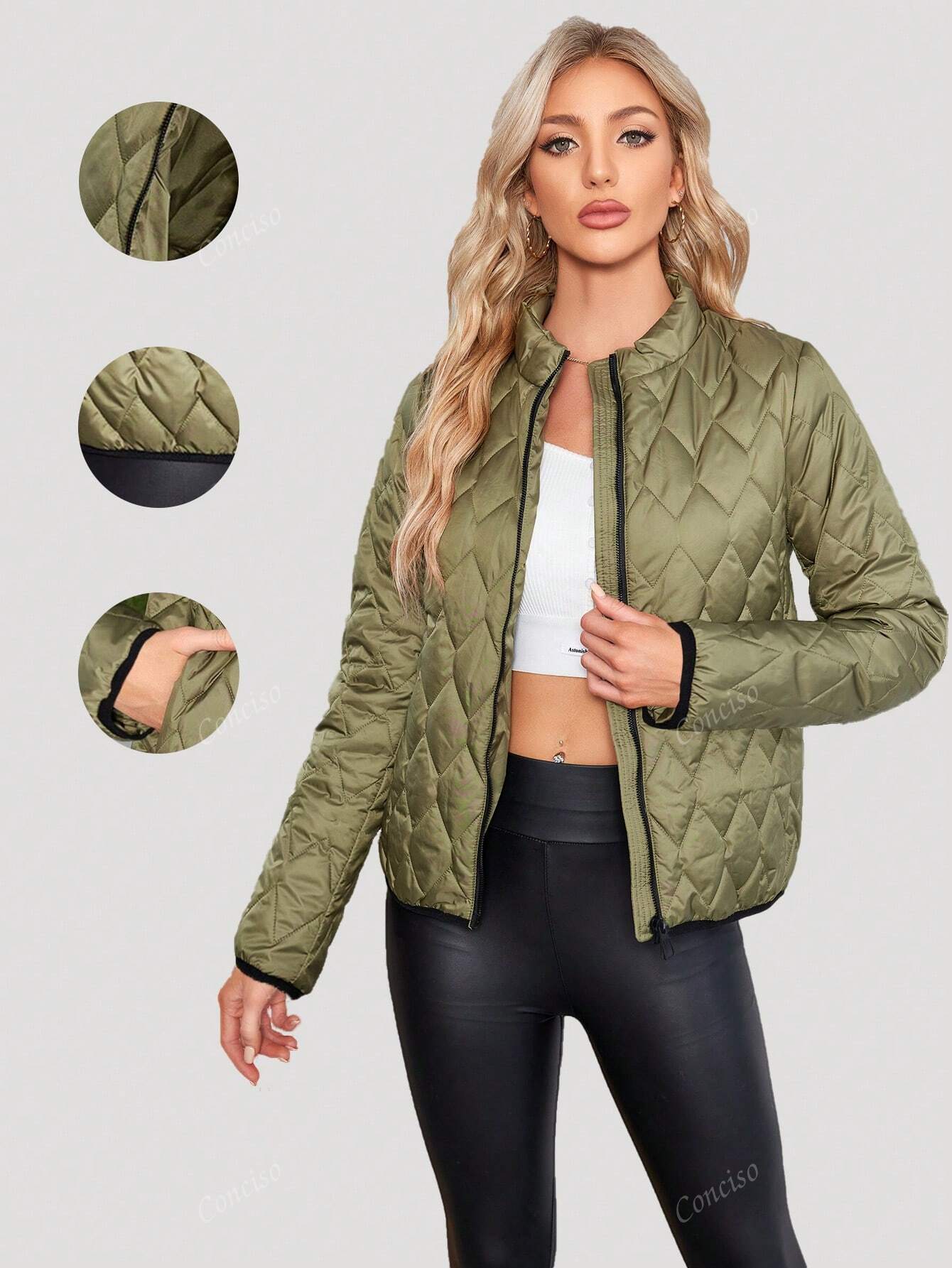 Casual Quilted Stand-Up Collar Zip Up Puffer Bomber Jacket Coat