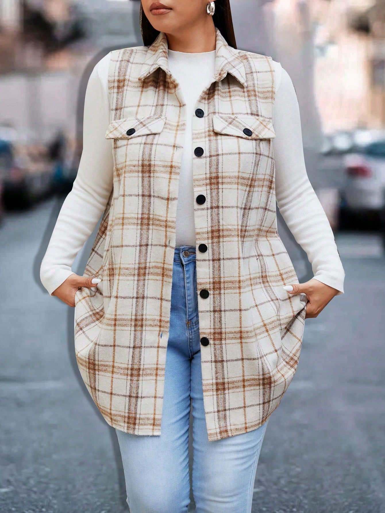 Plus Size Casual Plaid Sleeveless Jacket, Autumn, For Winter