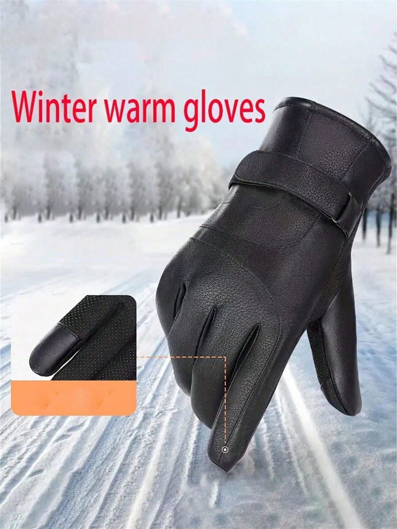 1 Pair Fleece Lined PU Leather Warm Gloves, Cycling Heated Gloves, Winter Holiday Gift