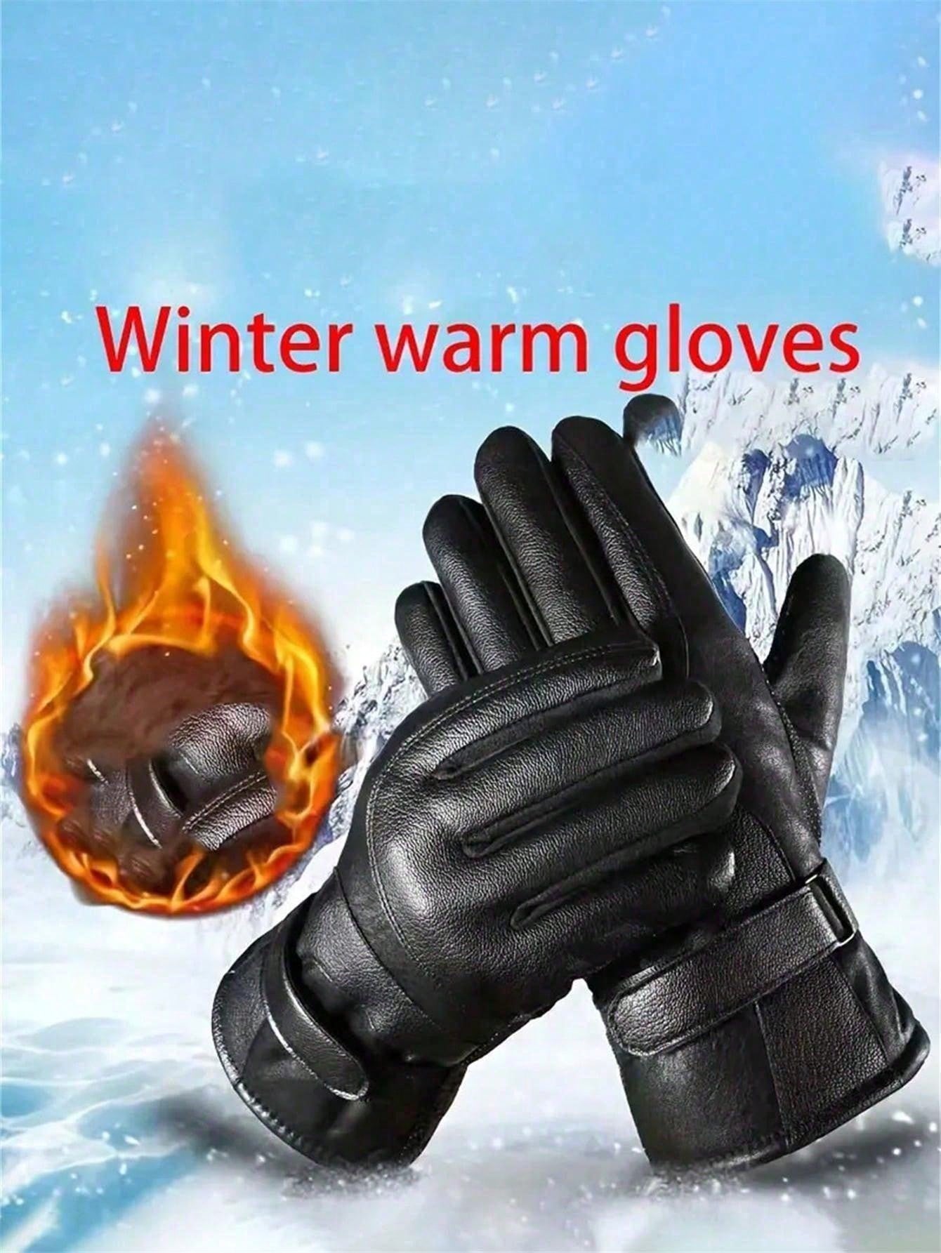 1 Pair Fleece Lined PU Leather Warm Gloves, Cycling Heated Gloves, Winter Holiday Gift