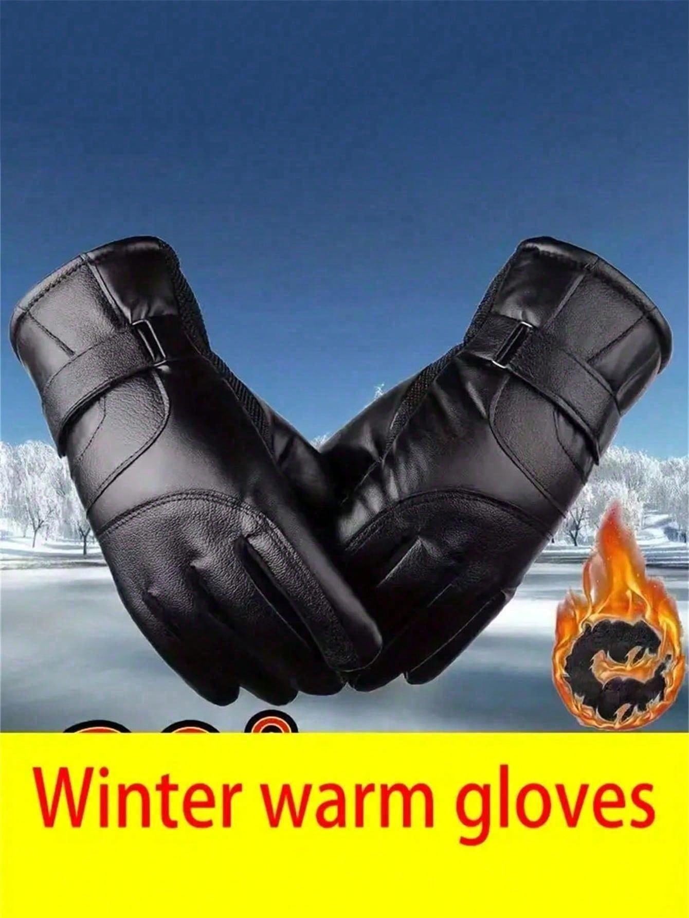 1 Pair Fleece Lined PU Leather Warm Gloves, Cycling Heated Gloves, Winter Holiday Gift