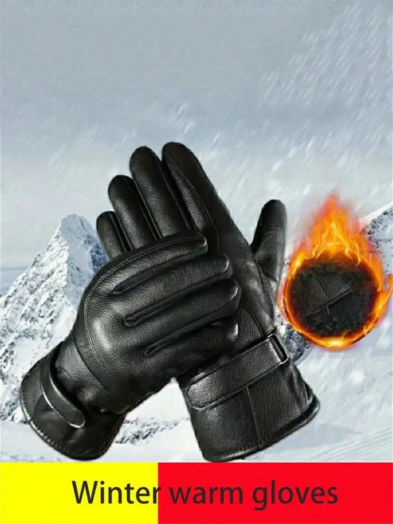 1 Pair Fleece Lined PU Leather Warm Gloves, Cycling Heated Gloves, Winter Holiday Gift