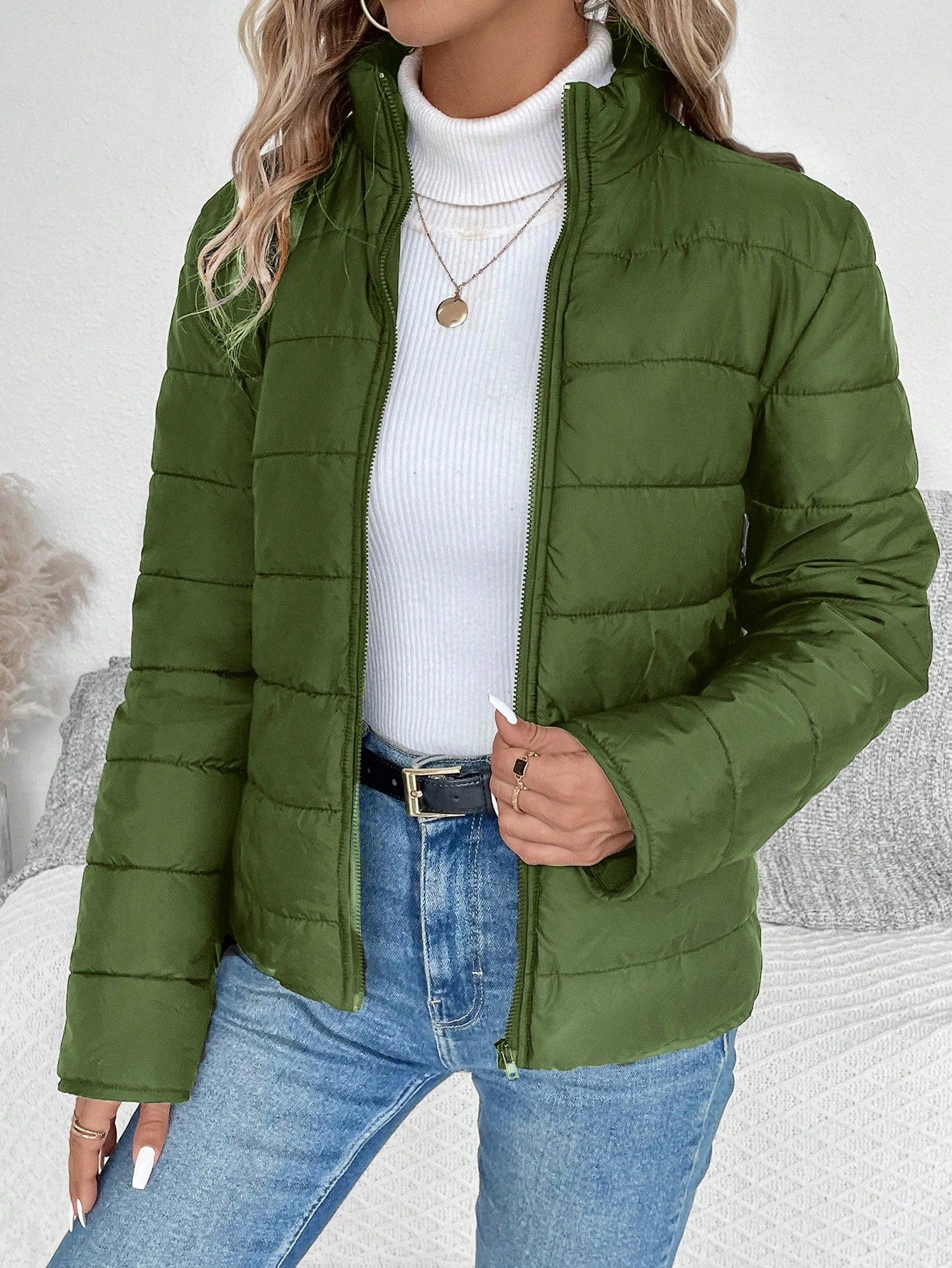 LUNE Stand Collar Plain Casual Puffer Jacket, Autumn/Winter Clothes