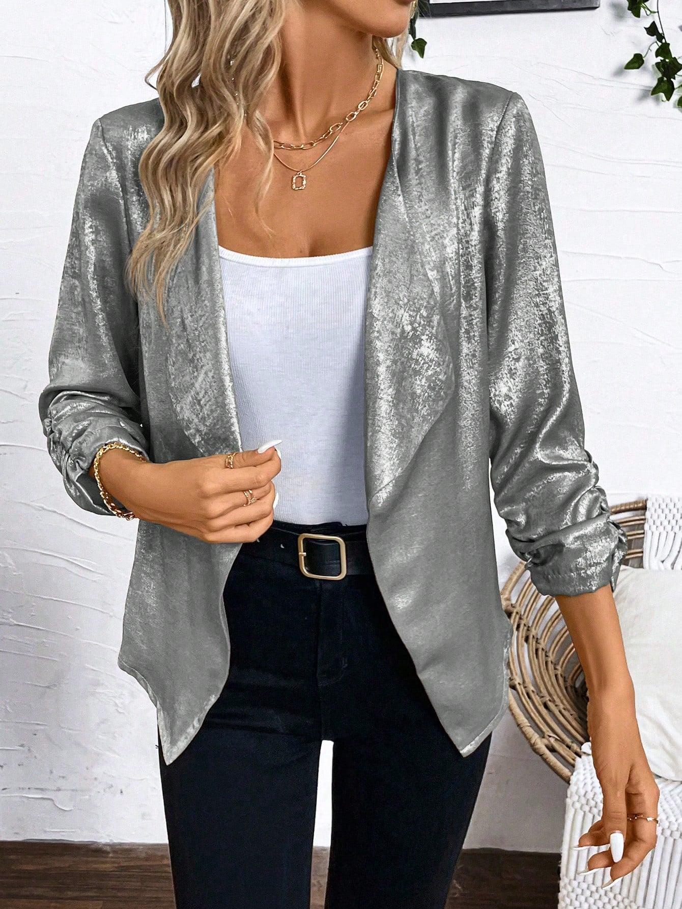 Clasi Plus Size Casual Jacket With Metallic Crinkle Sleeve, Autumn