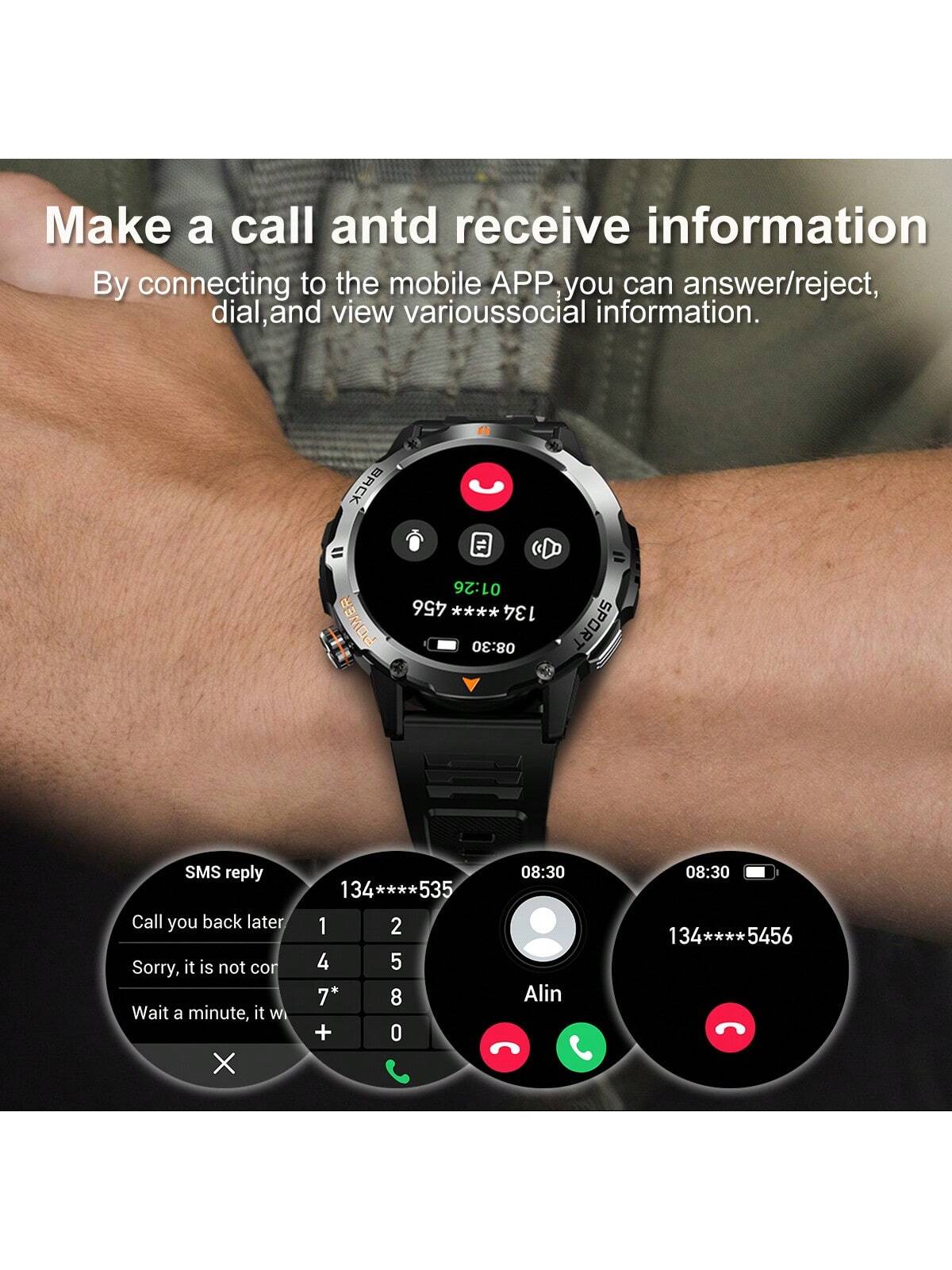 Smart Watch, 1.53Inch Round Full Touchscreen Smart Watch, Fitness Tracker, Wireless Call, LED Flashlight, Music Control, Info Push, Compatible With Android