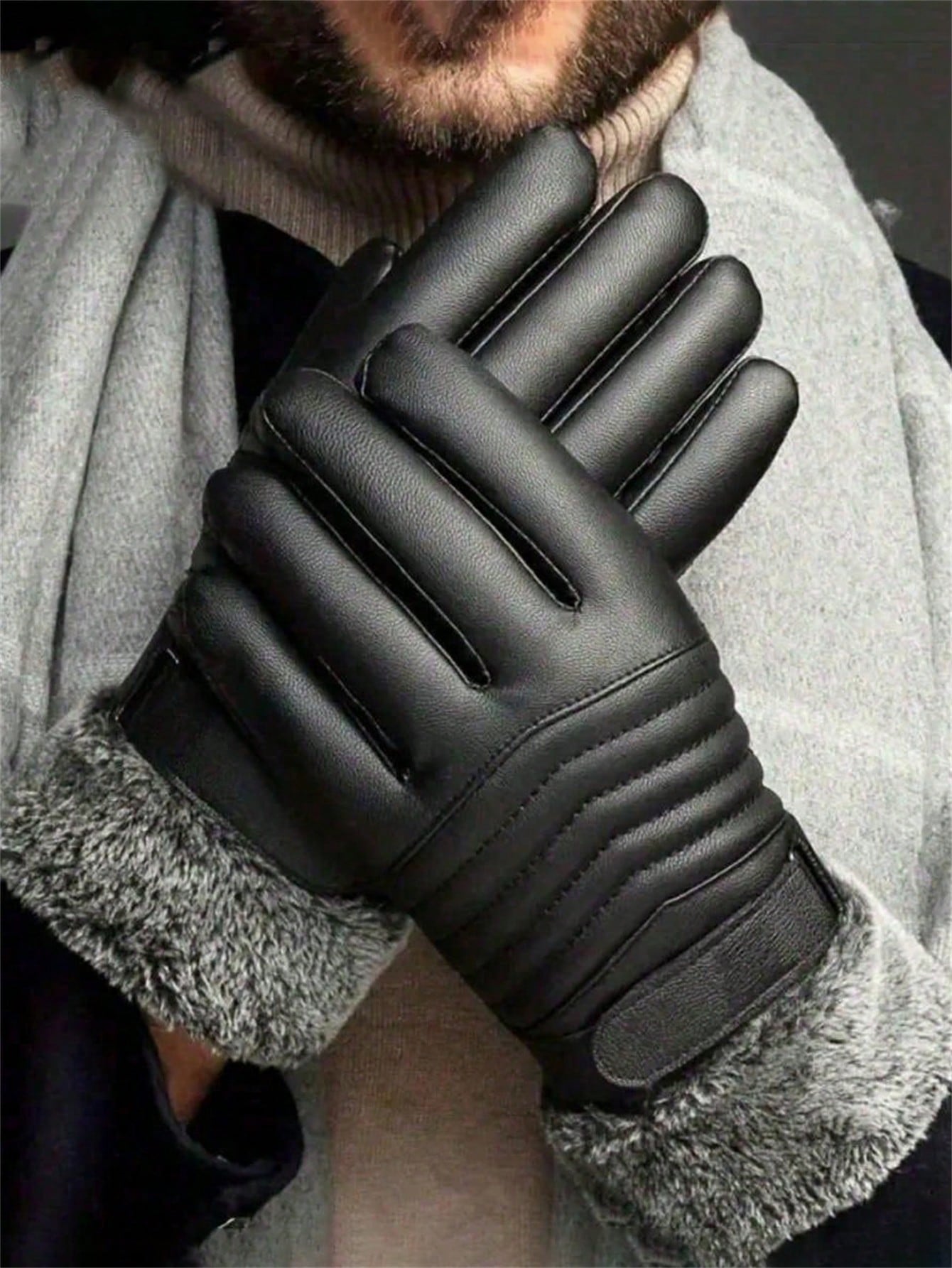 1 Pair Fleece Lined PU Leather Warm Gloves, Cycling Heated Gloves, Winter Holiday Gift