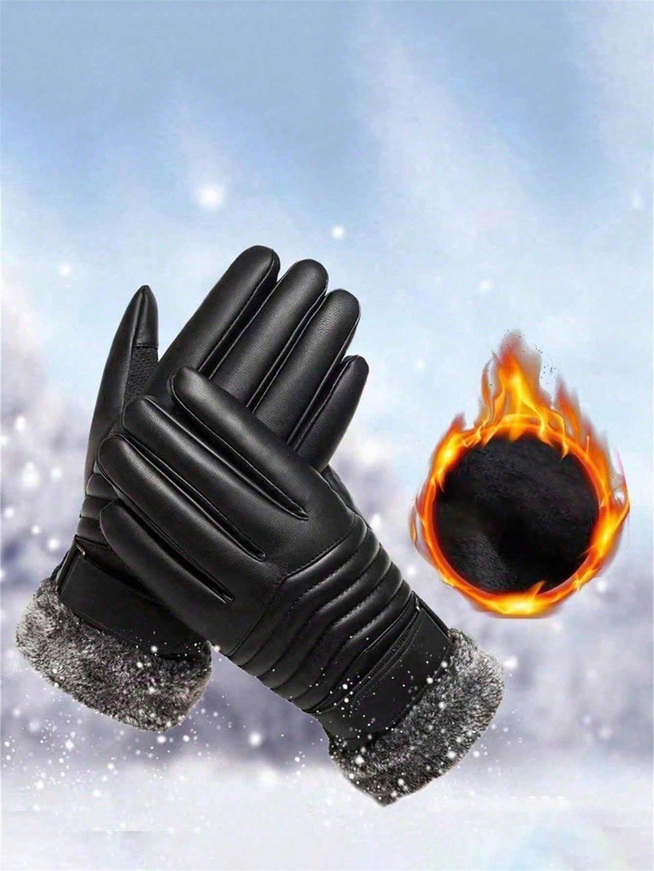 1 Pair Fleece Lined PU Leather Warm Gloves, Cycling Heated Gloves, Winter Holiday Gift