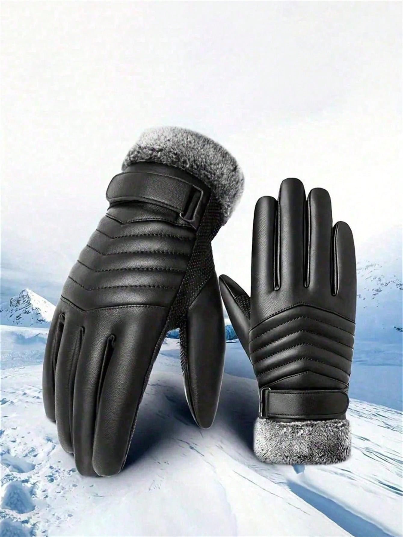 1 Pair Fleece Lined PU Leather Warm Gloves, Cycling Heated Gloves, Winter Holiday Gift