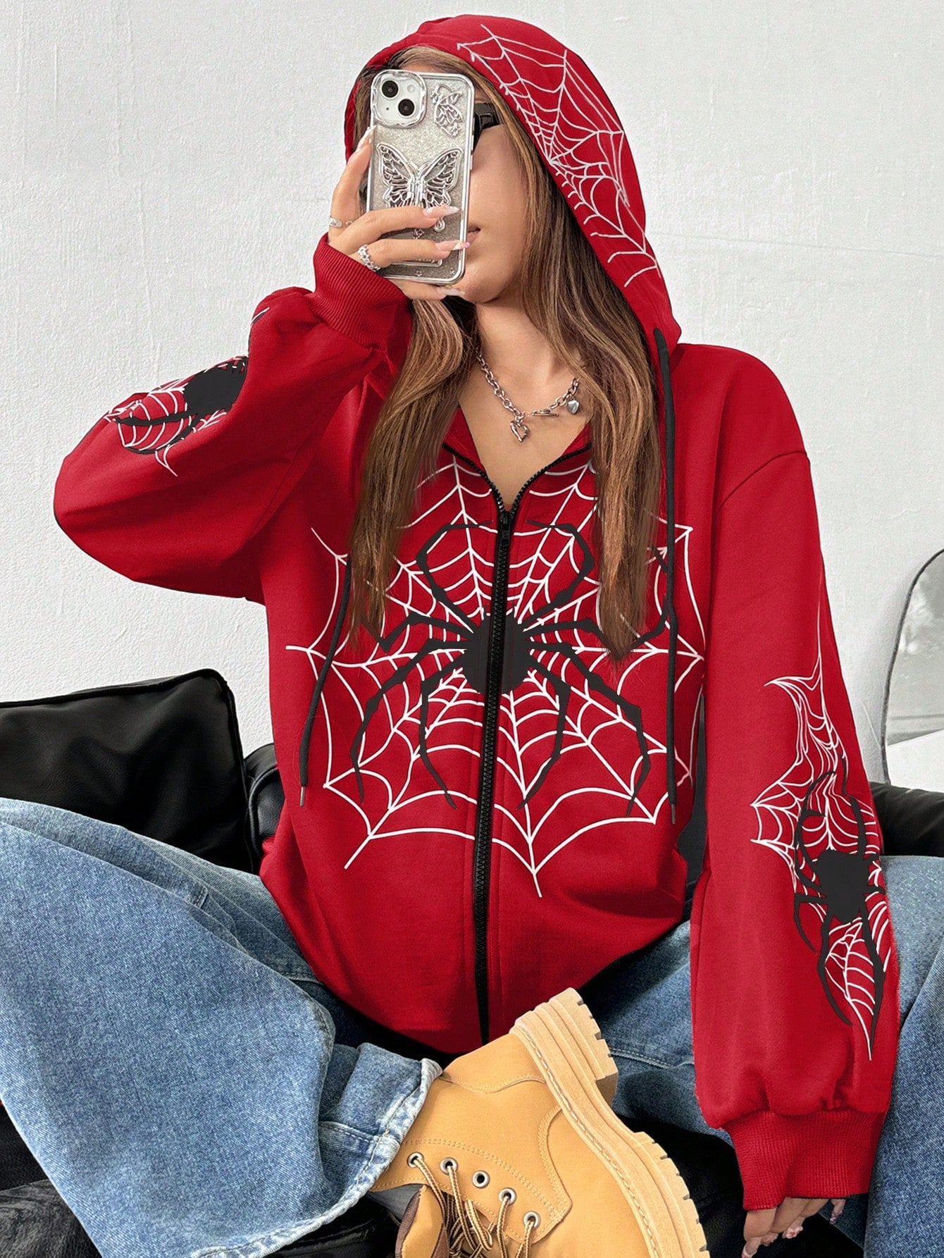 EZwear Women's Red Spider Print Hooded Sweatshirt