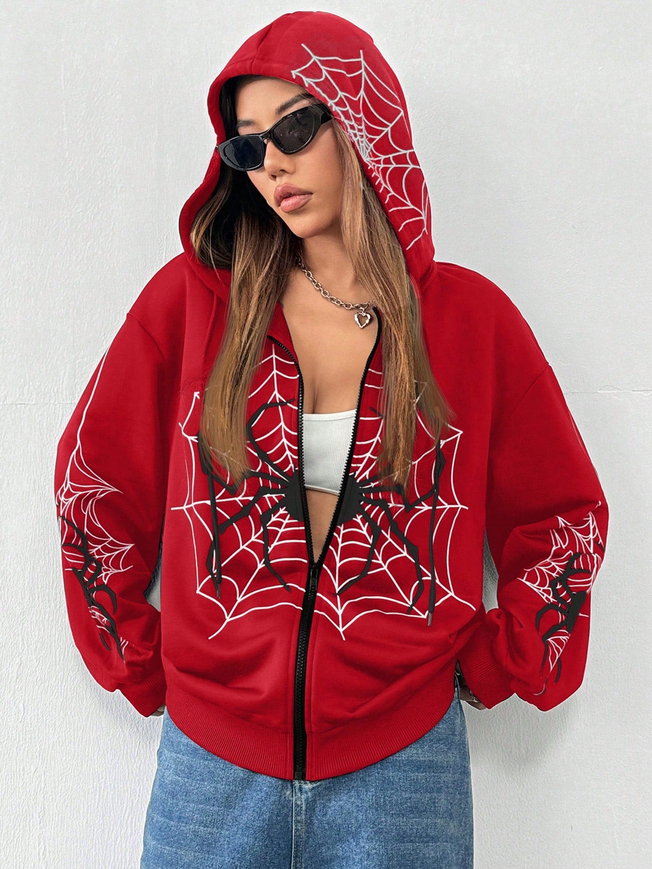 EZwear Women's Red Spider Print Hooded Sweatshirt