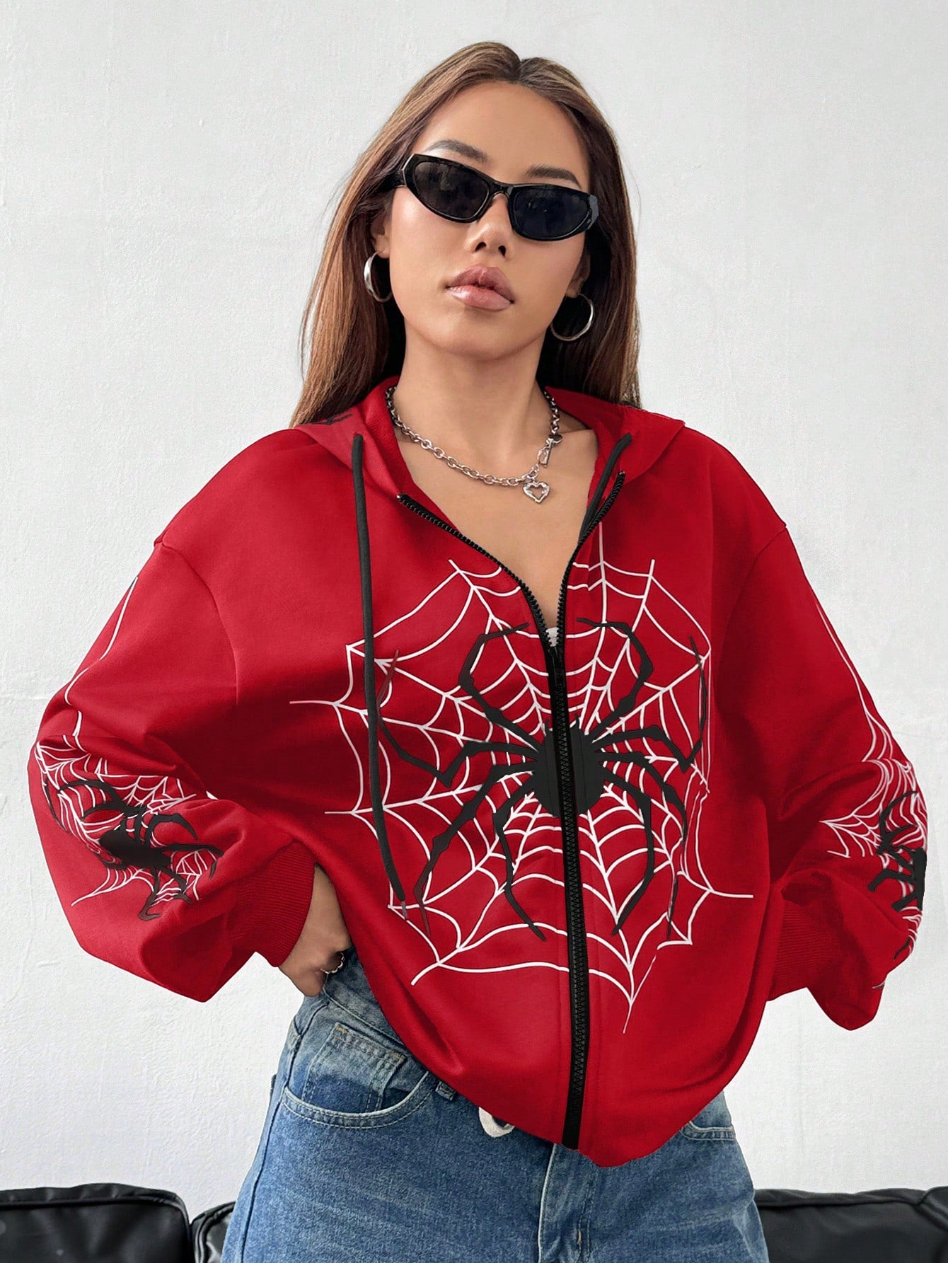 EZwear Women's Red Spider Print Hooded Sweatshirt