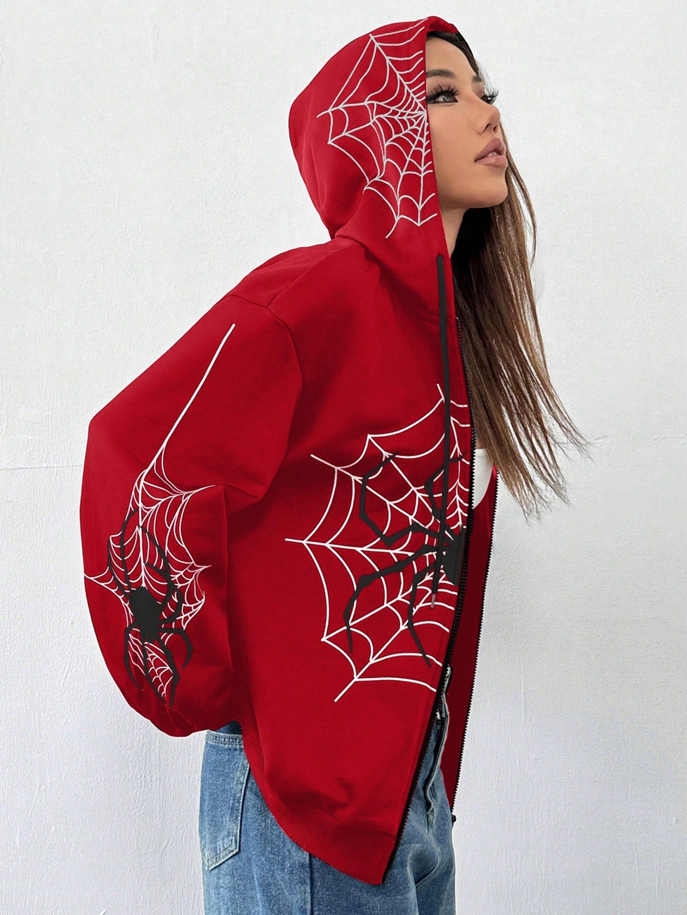 EZwear Women's Red Spider Print Hooded Sweatshirt