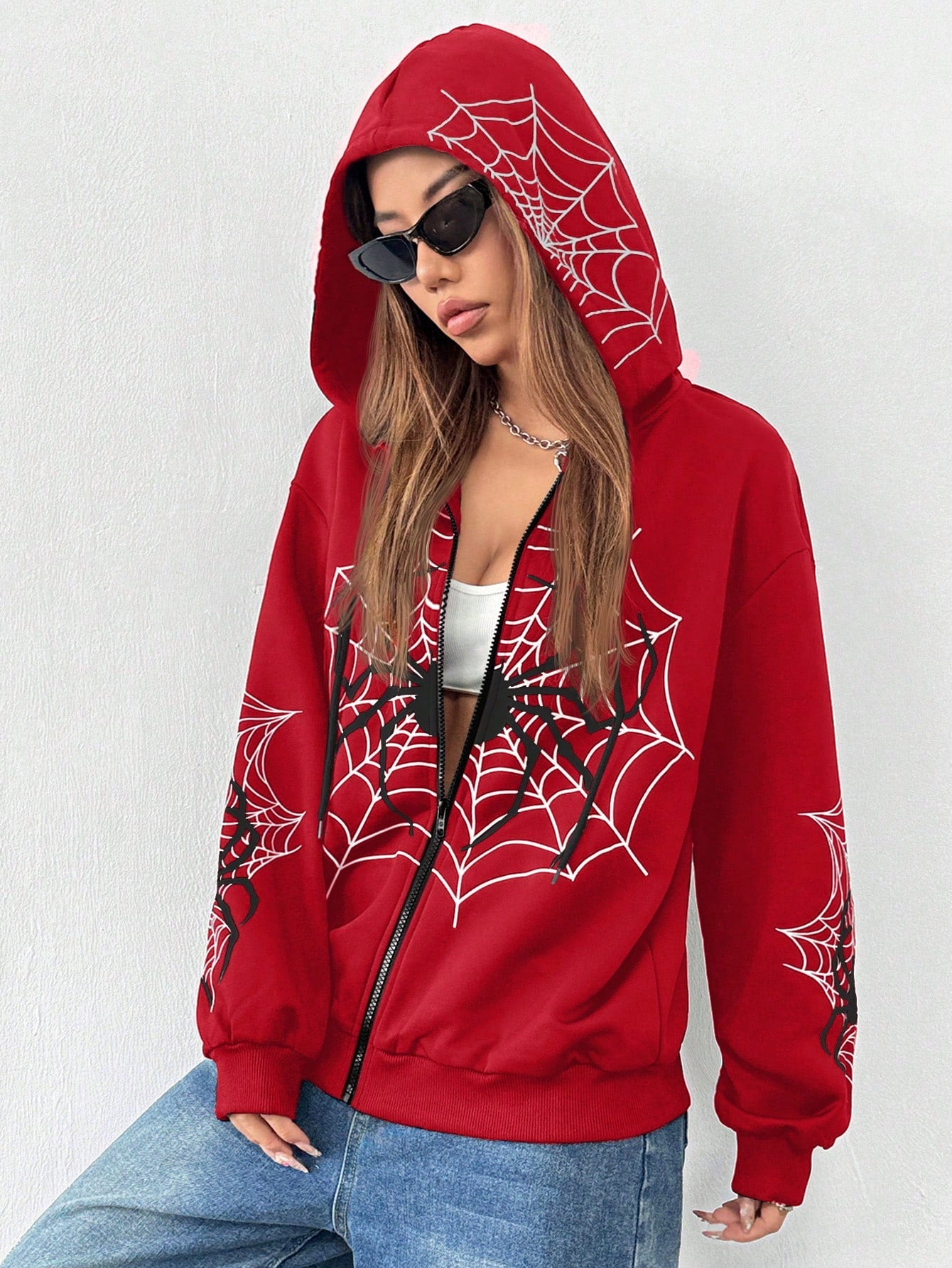 EZwear Women's Red Spider Print Hooded Sweatshirt