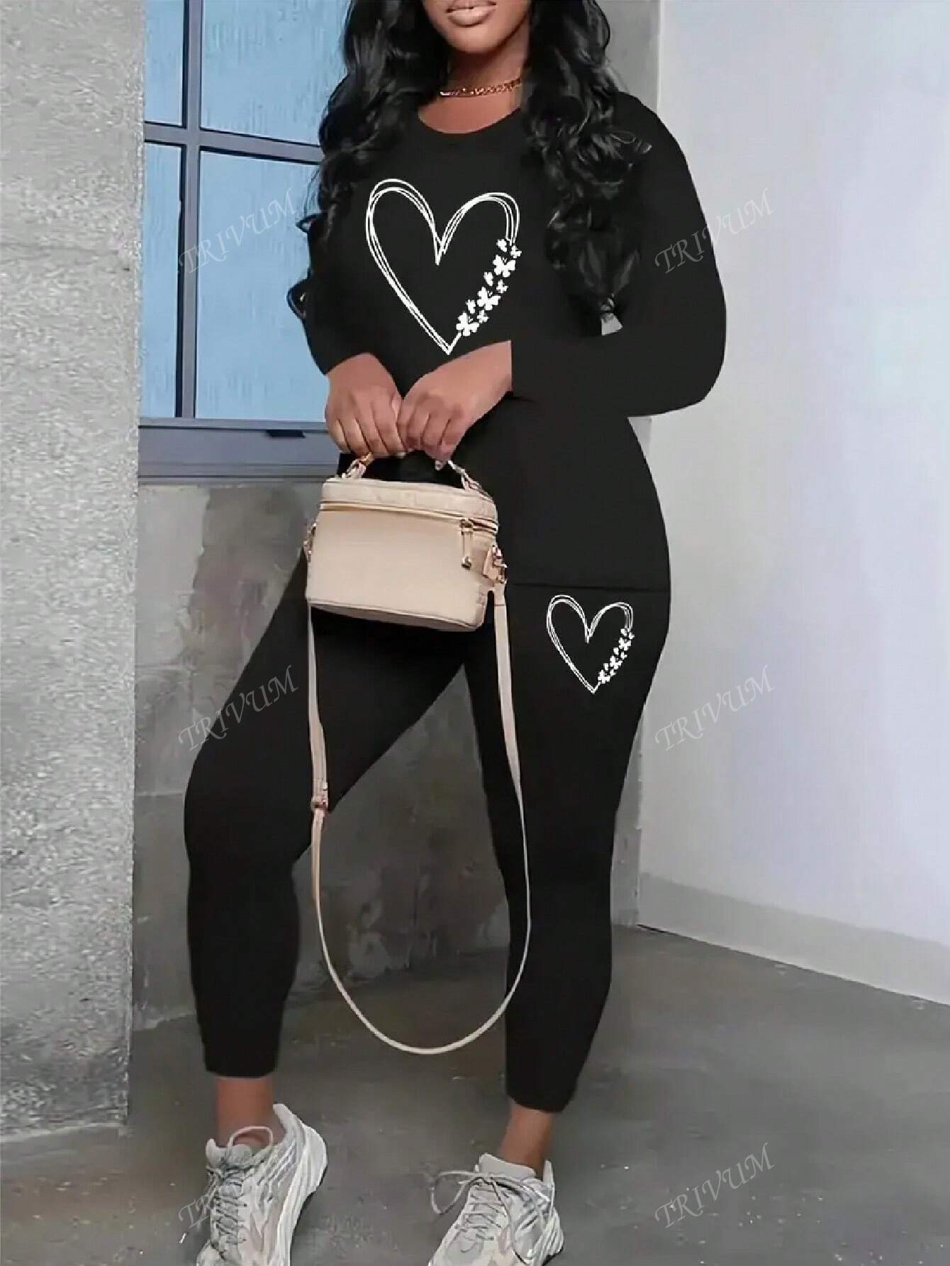 Black Two-Piece Women's Wear Tracksuit With A Heart Pattern