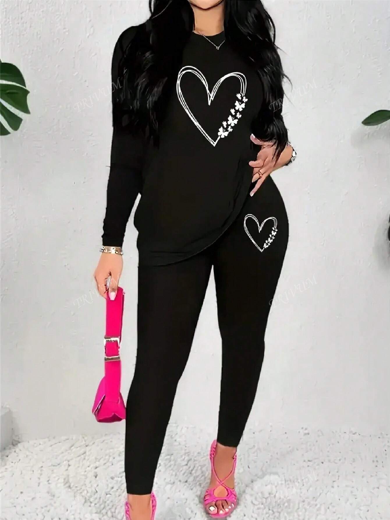 Black Two-Piece Women's Wear Tracksuit With A Heart Pattern