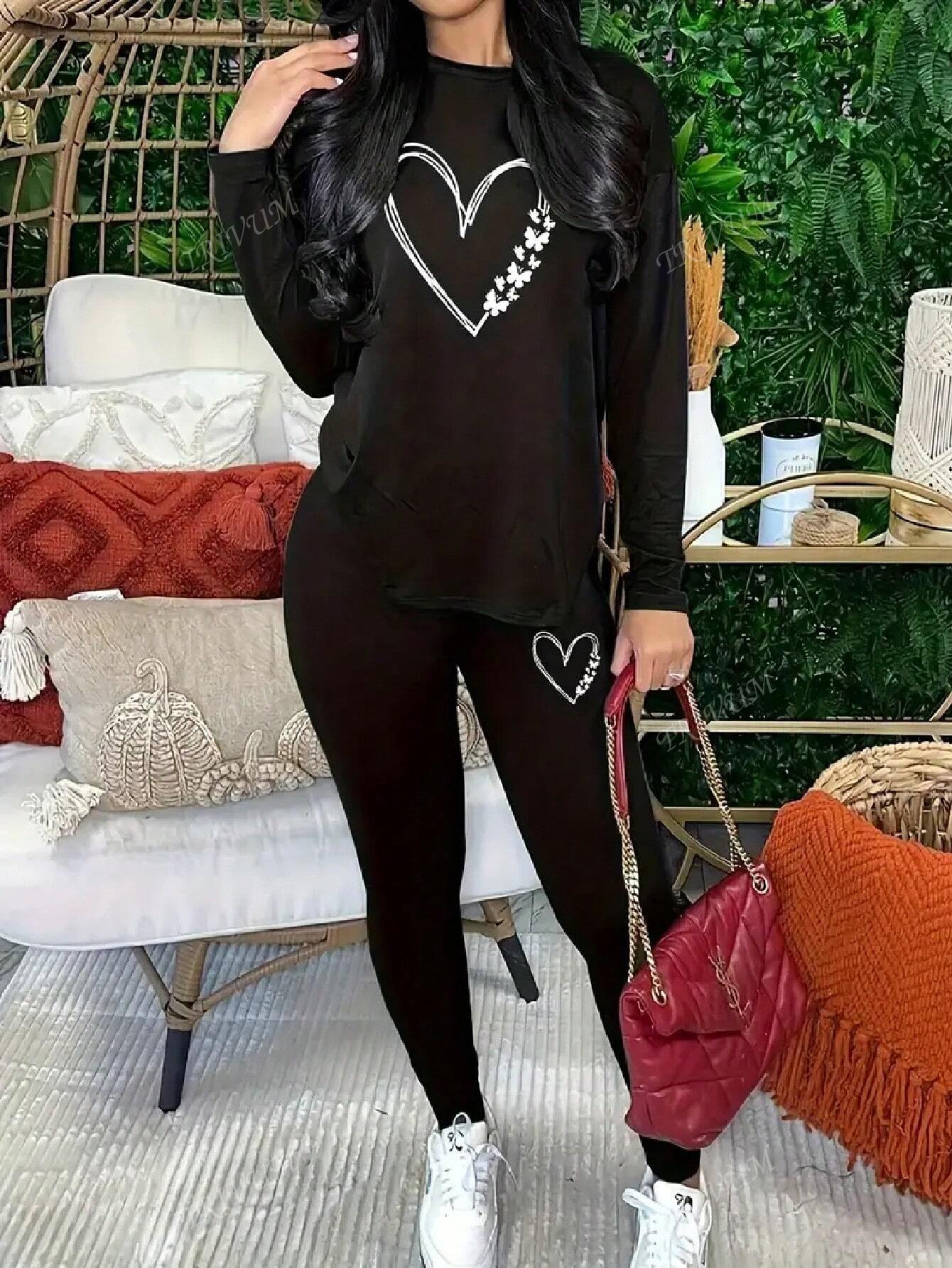 Black Two-Piece Women's Wear Tracksuit With A Heart Pattern