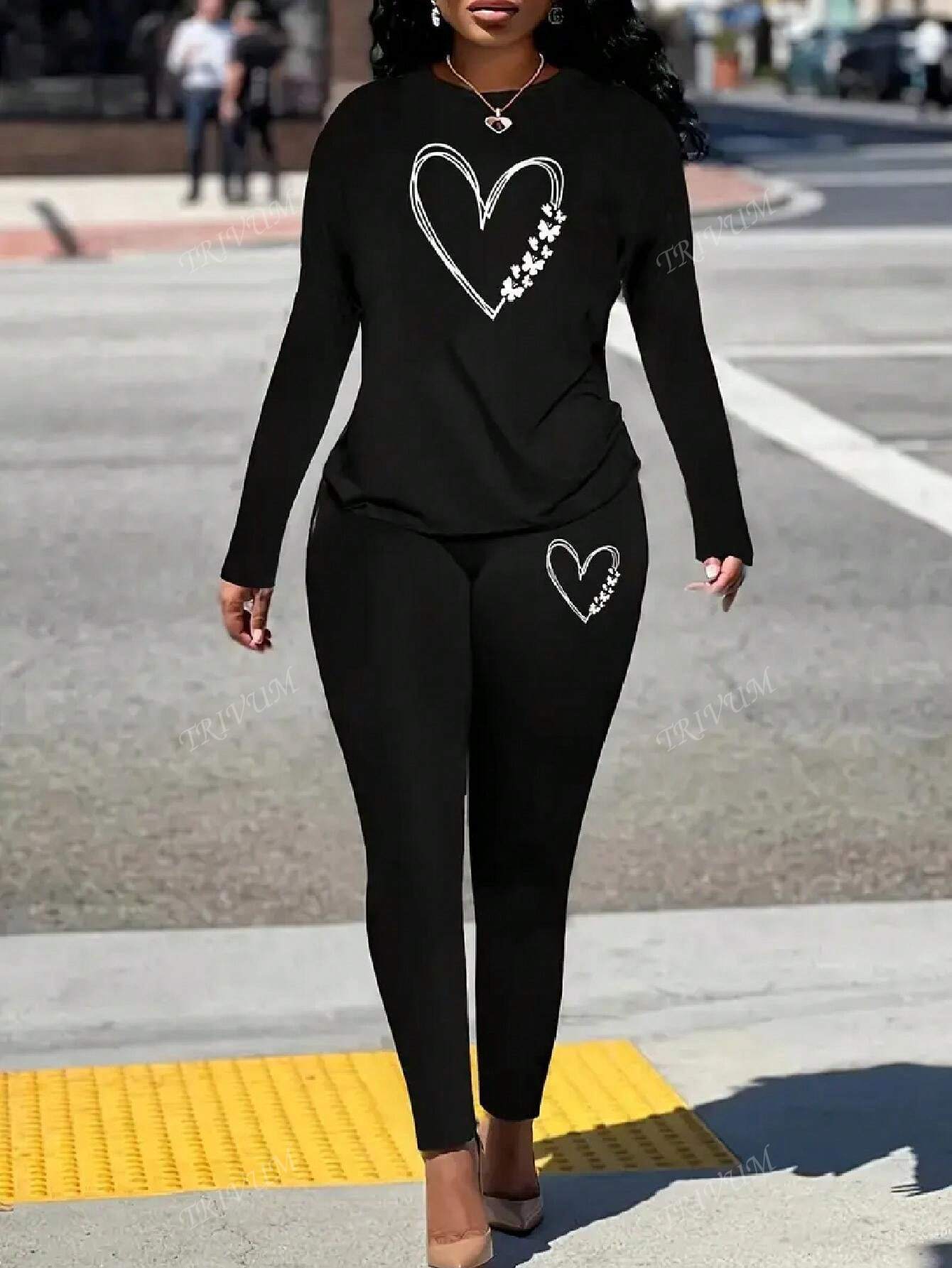 Black Two-Piece Women's Wear Tracksuit With A Heart Pattern