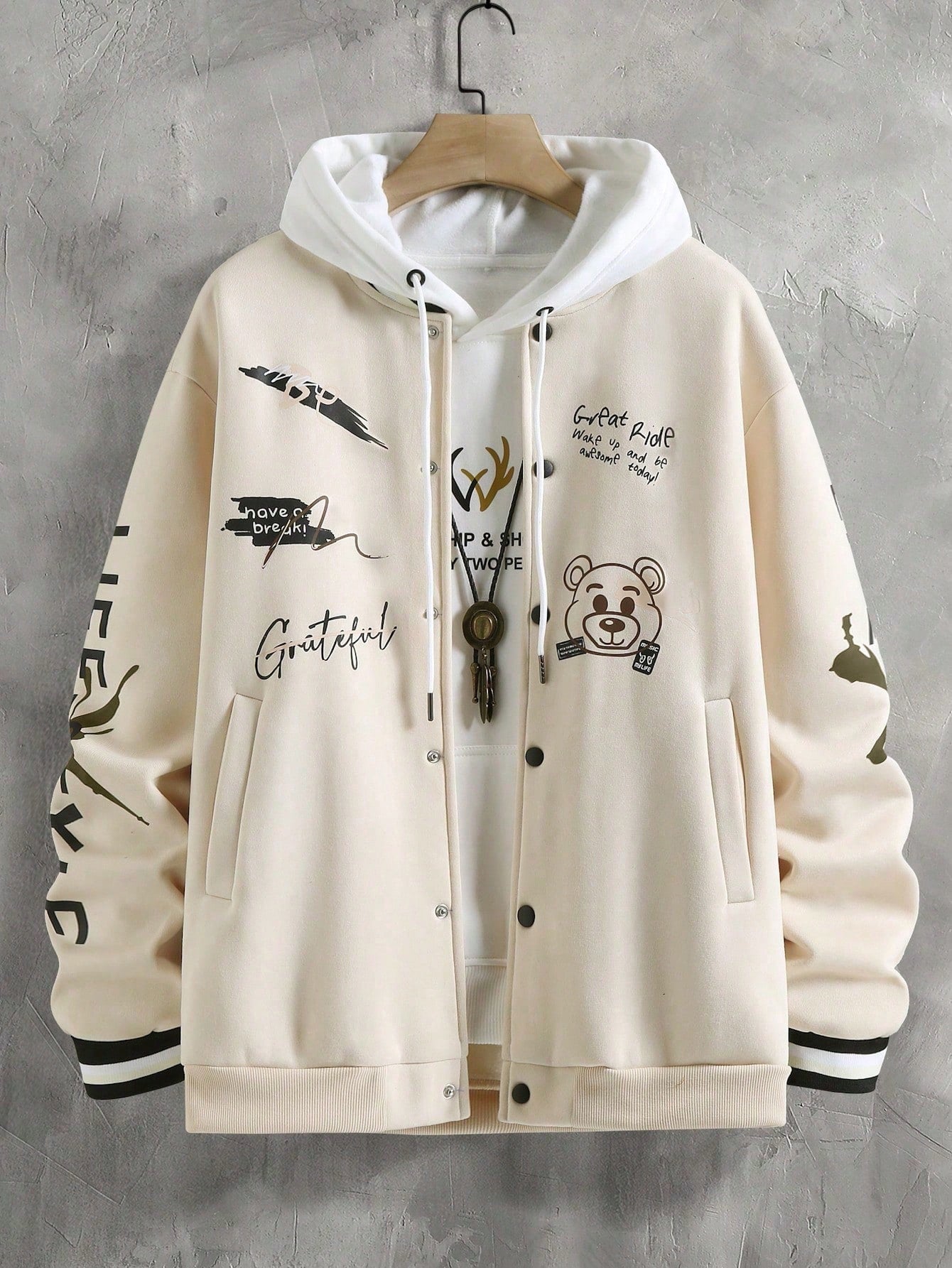 Manfinity EMRG Men's Loose Slogans Cartoon Bear Print Long Sleeve Casual Baseball Jacket, Autumn