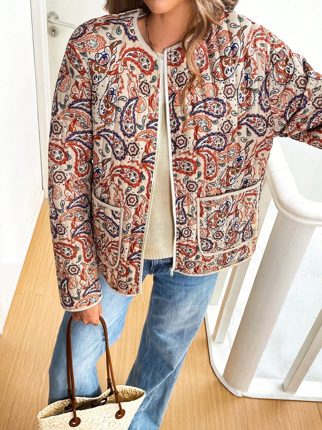 VCAY Women Floral Print Long Sleeve Casual Quilted Padded Coat For Winter