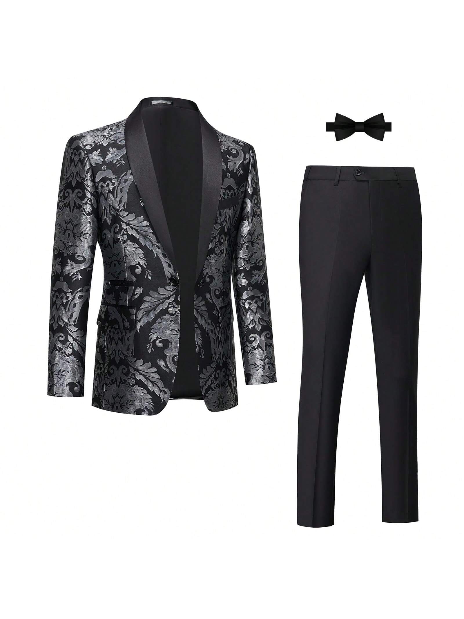 Tuxedo Suits For Men 2 Piece Regular Fit Suit Floral Blazer Jacket Waistcoat Pants Men Suit Set For Wedding Prom-Black