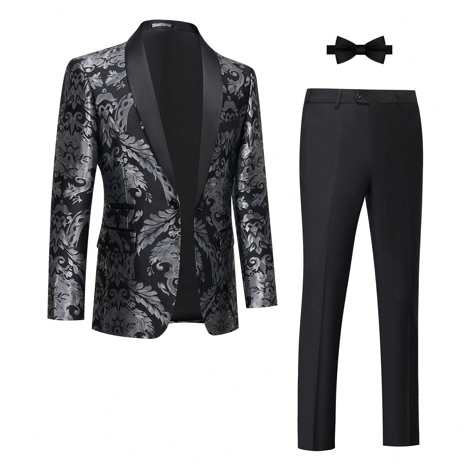 Tuxedo Suits For Men 2 Piece Regular Fit Suit Floral Blazer Jacket Waistcoat Pants Men Suit Set For Wedding Prom-Black