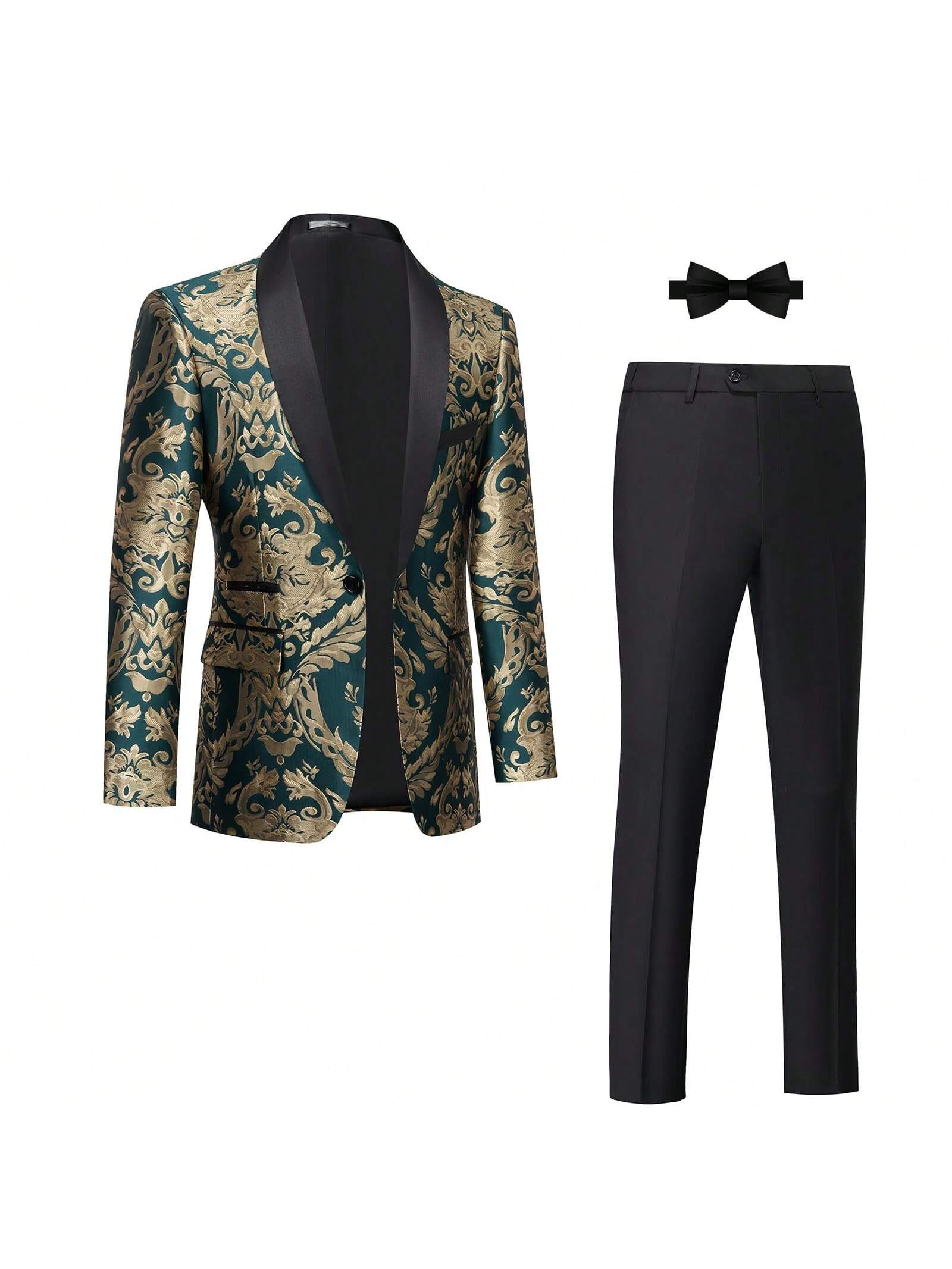 Tuxedo Suits For Men 2 Piece Regular Fit Suit Floral Blazer Jacket Waistcoat Pants Men Suit Set For Wedding Prom-Green