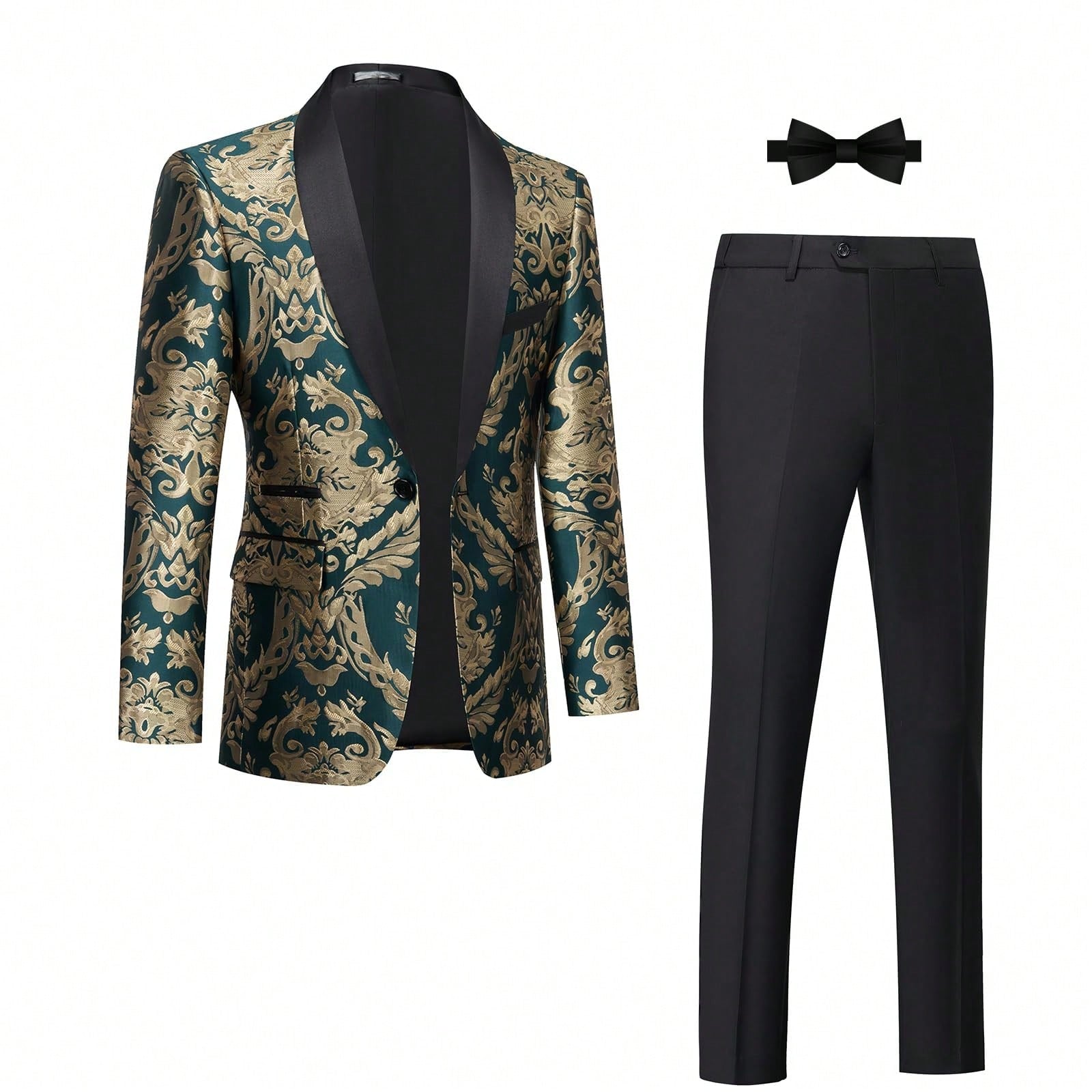 Tuxedo Suits For Men 2 Piece Regular Fit Suit Floral Blazer Jacket Waistcoat Pants Men Suit Set For Wedding Prom-Green