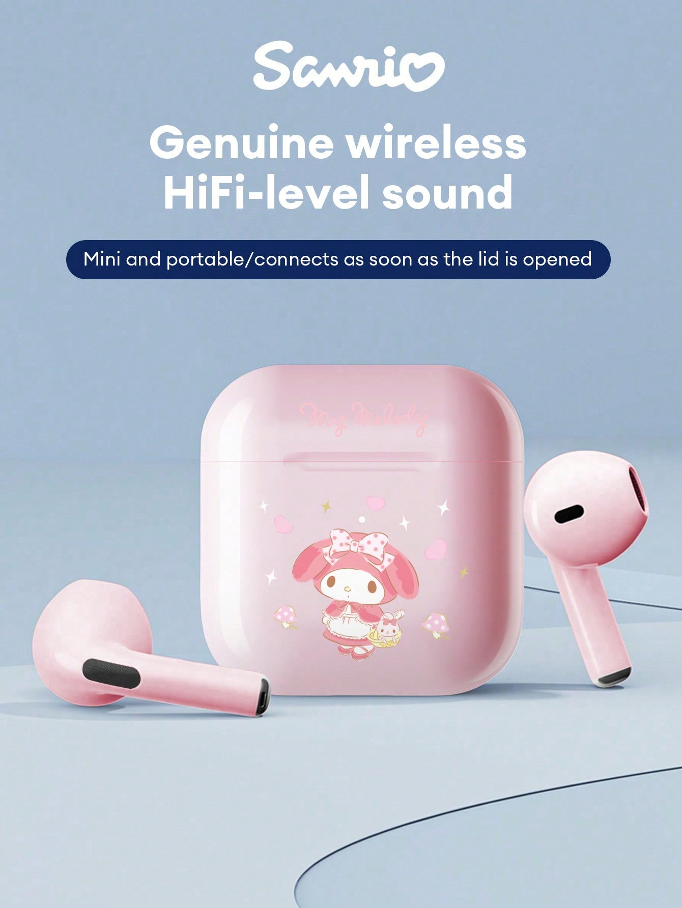 SANRIO BL04 Cute Bluetooth Earphones, Half-In-Ear HIFI Surround Sound Effect, Cartoon Design, Mini Music/Gaming Earbuds, Super Long Battery Life, Sensitive Microphone, High-Definition Voice, Low Latency, Passive Noise Cancelling Wireless Earphones