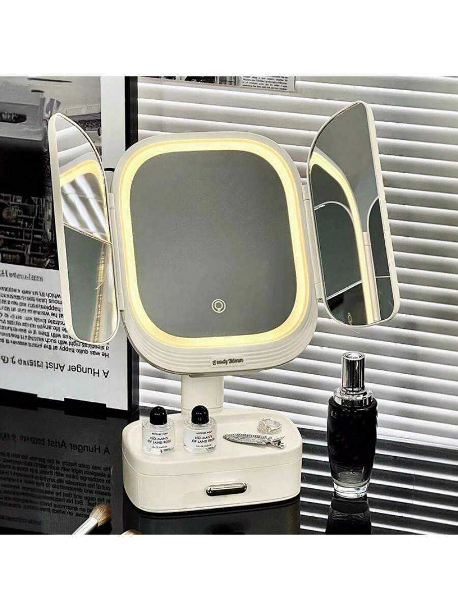 Tri-Fold Illuminated Vanity Mirror - 3x/2x Magnification, Rechargeable, Foldable, Dimmable Color Lighting Modes, 180 Degree Free Rotation Countertop Makeup Mirror, Travel Makeup Mirror - Christmas, Thanksgiving, Valentine's Day And New Year Gift