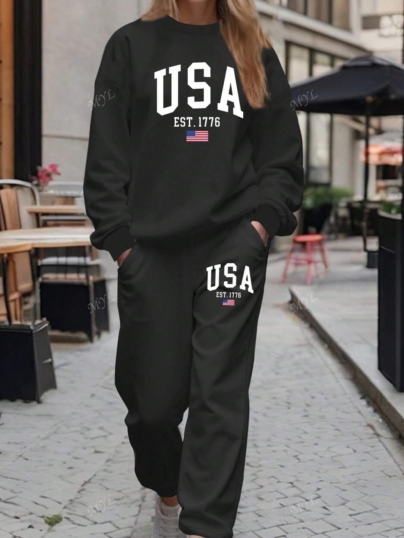 USA Women's Casual Sports Sweatshirt Set Two-Piece Set Autumn And Winter