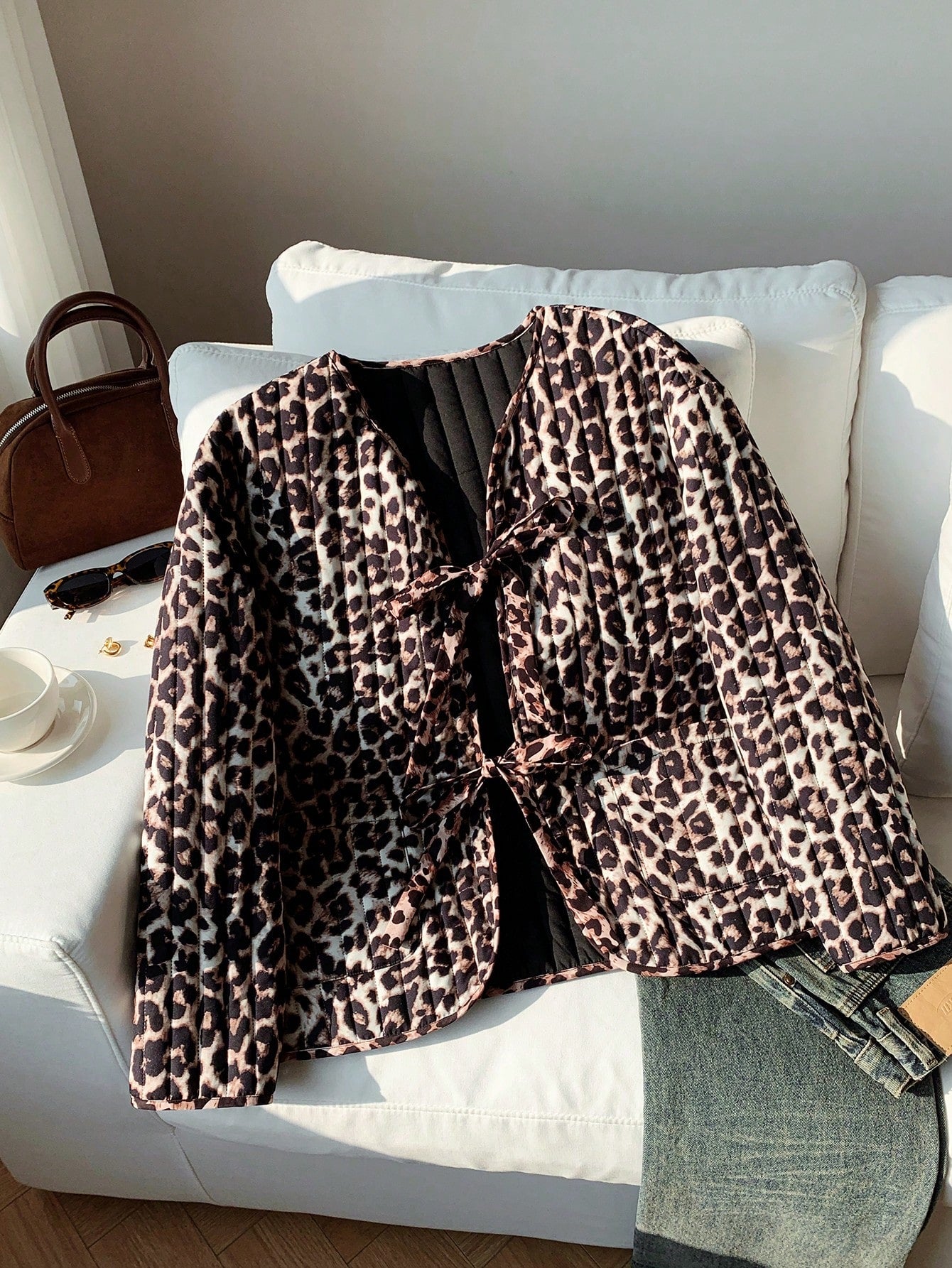 EZwear Plus Size Women's Leopard Print Knotted Casual Long Sleeve Padded Coat