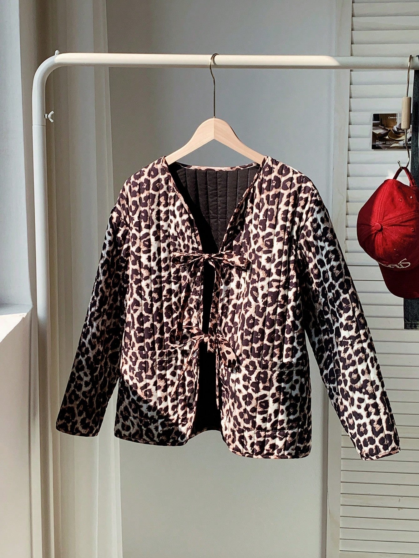 EZwear Plus Size Women's Leopard Print Knotted Casual Long Sleeve Padded Coat