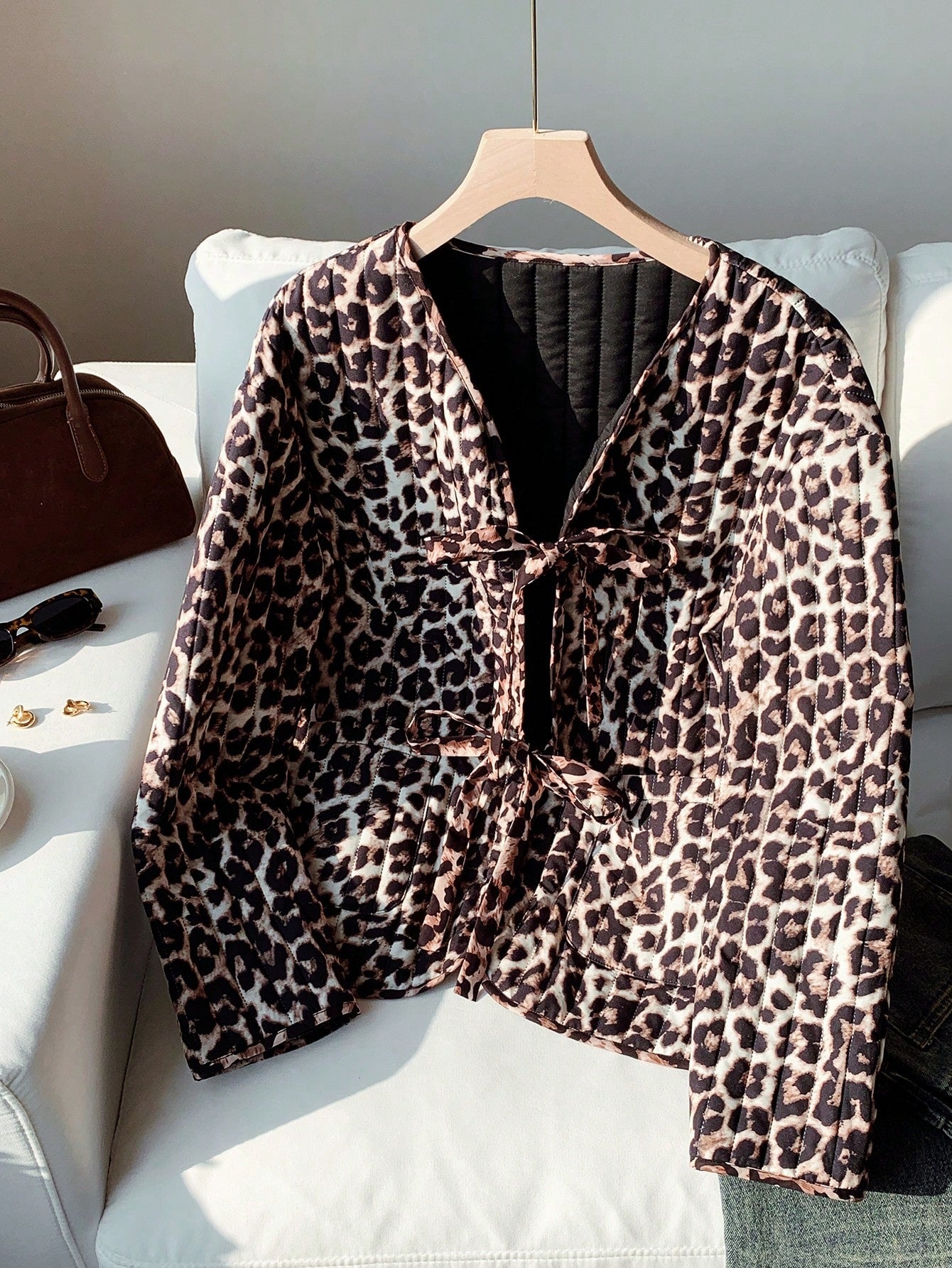 EZwear Plus Size Women's Leopard Print Knotted Casual Long Sleeve Padded Coat