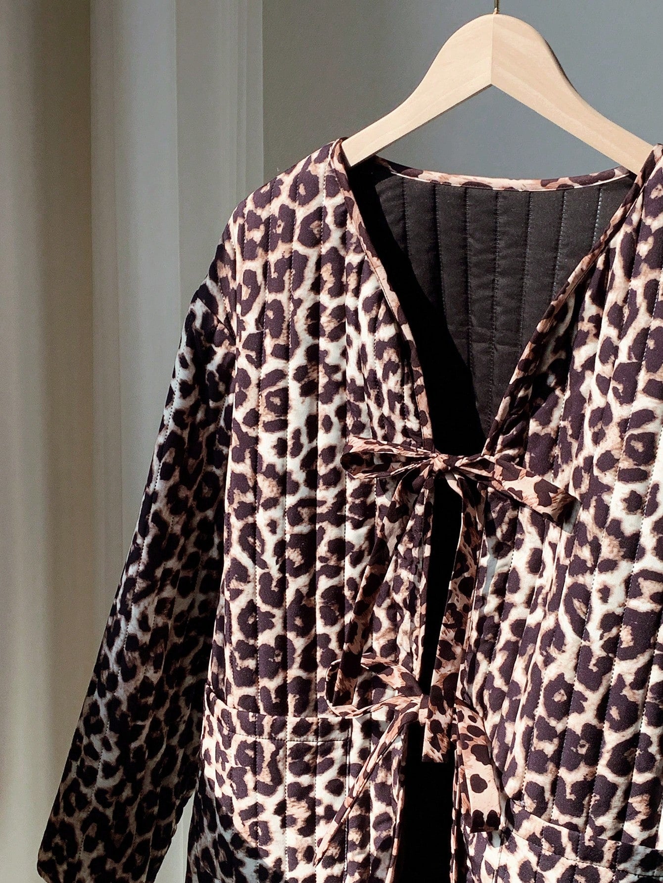 EZwear Plus Size Women's Leopard Print Knotted Casual Long Sleeve Padded Coat